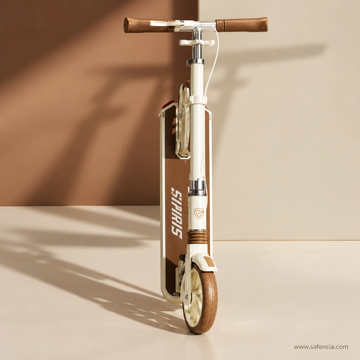 Cream kick scooter folded and standing on its end in warm light