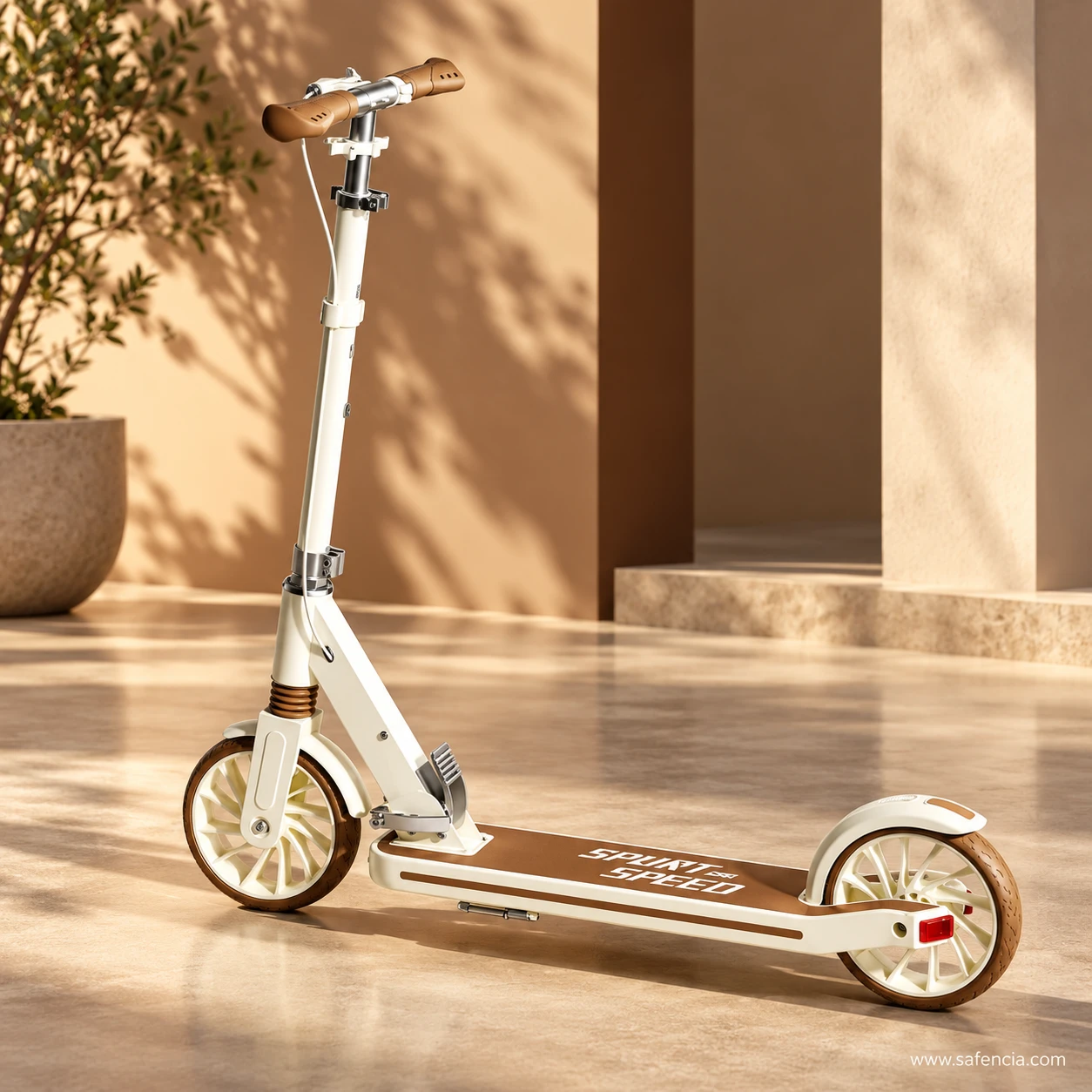 Cream and brown two-wheel foldable kick scooter standing in a sunlit room with a plant