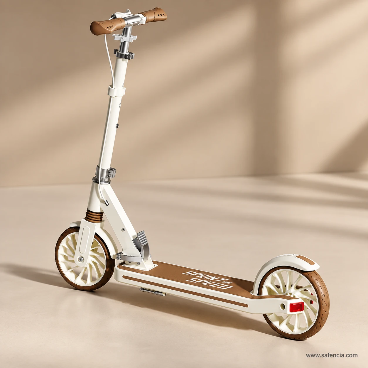 Side view of the cream foldable kick scooter showing the long deck and big wheels