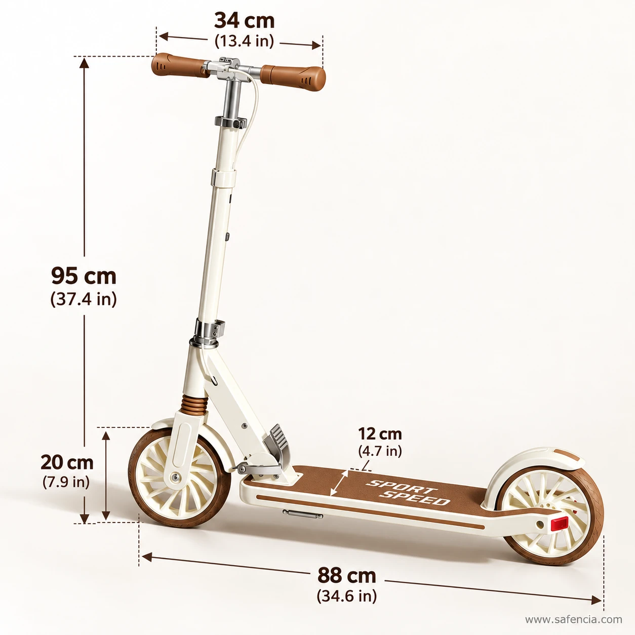 Size chart of the cream foldable kick scooter: 95 cm height, 34 cm handlebar, 88 cm length, 12 cm deck