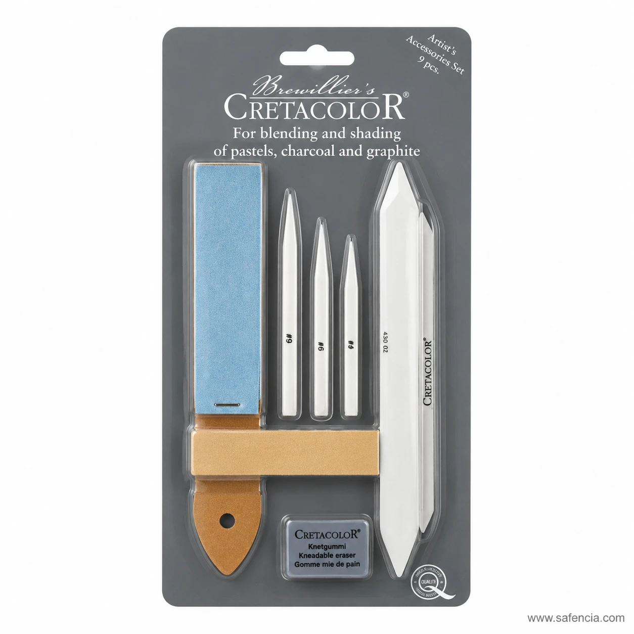 Blending set card showing the paper stumps, sanding block and kneadable eraser