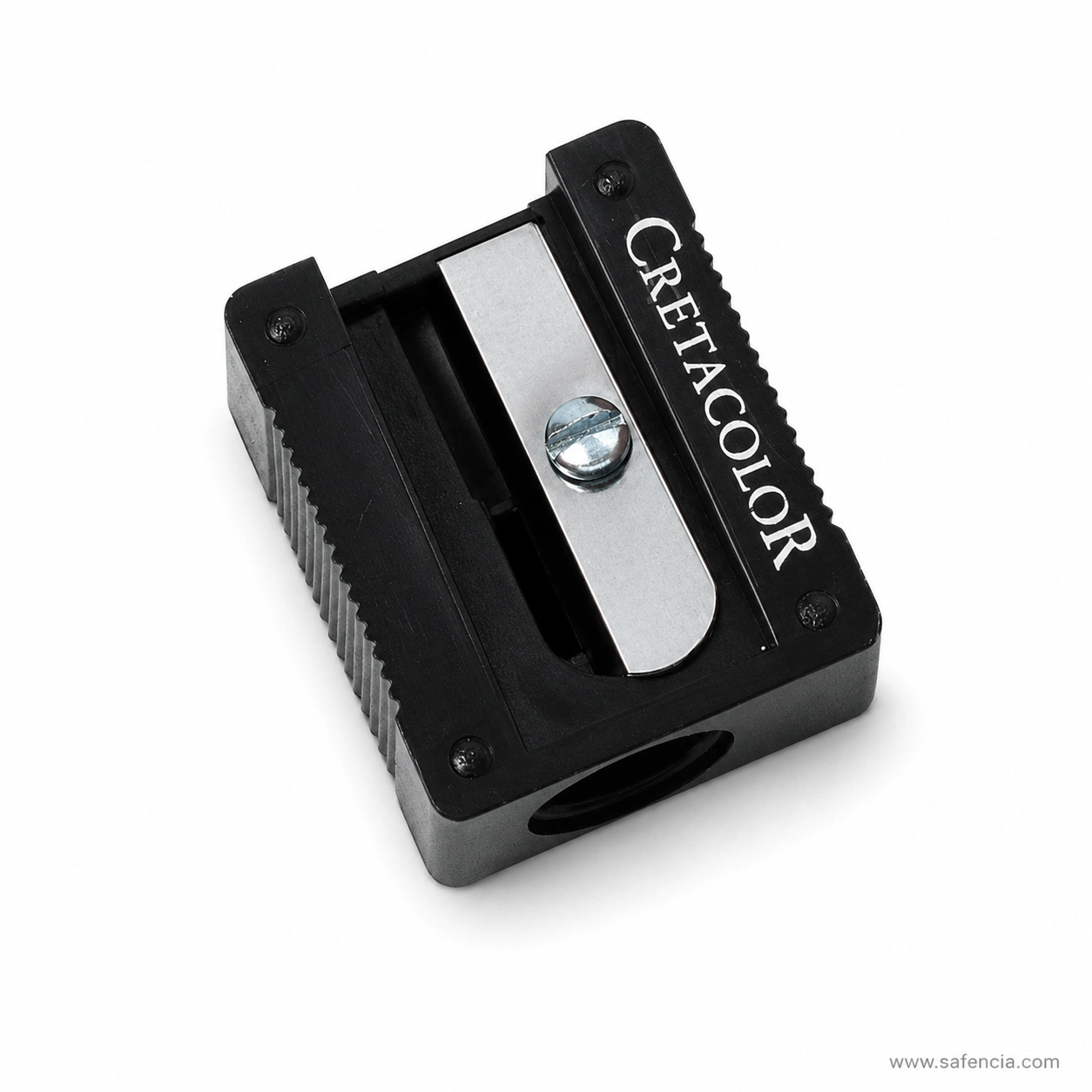 Cretacolor Artist Sharpener top angle showing open pencil channel long blade and notched edges
