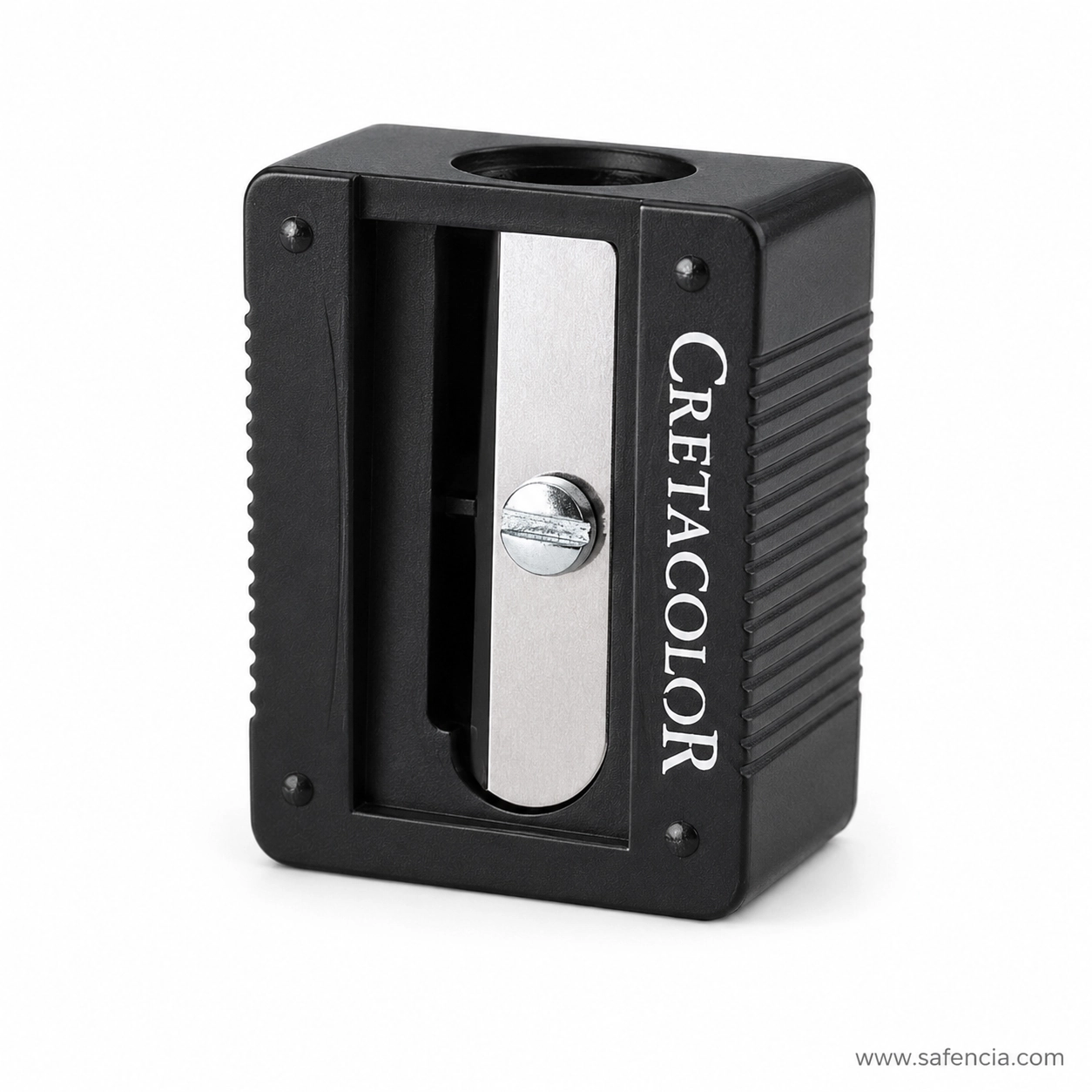 Cretacolor black single-hole artist sharpener angled view with ribbed sides and silver blade