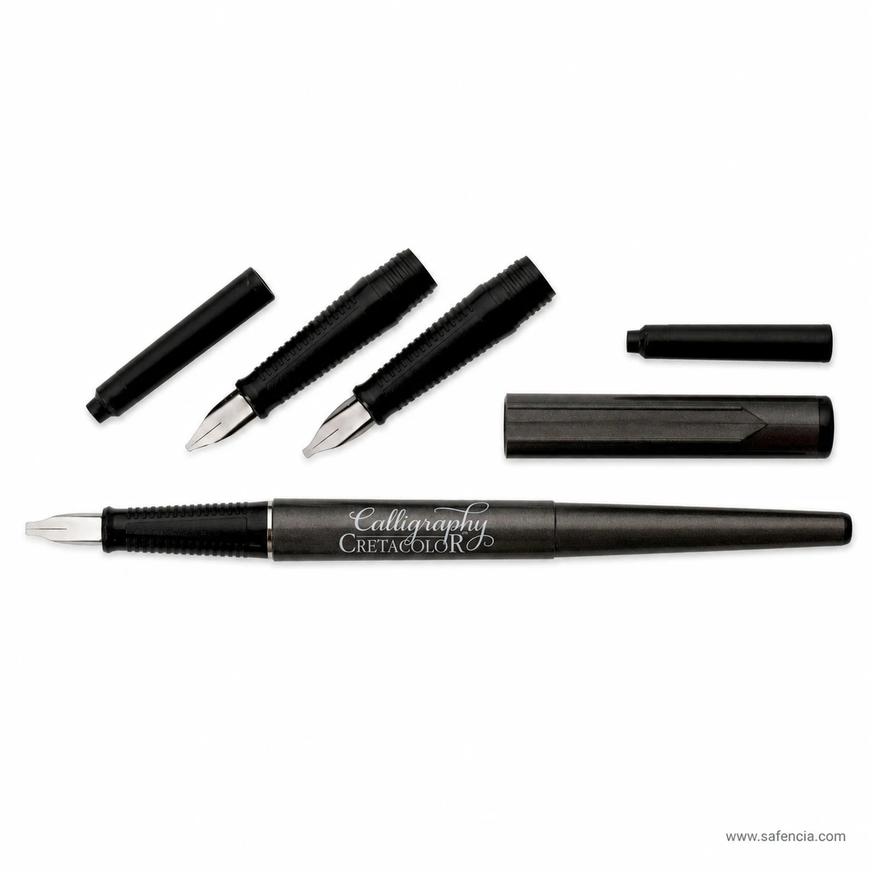 Flat layout of the Cretacolor calligraphy pen showing broad-edge nib sections that screw onto the black barrel