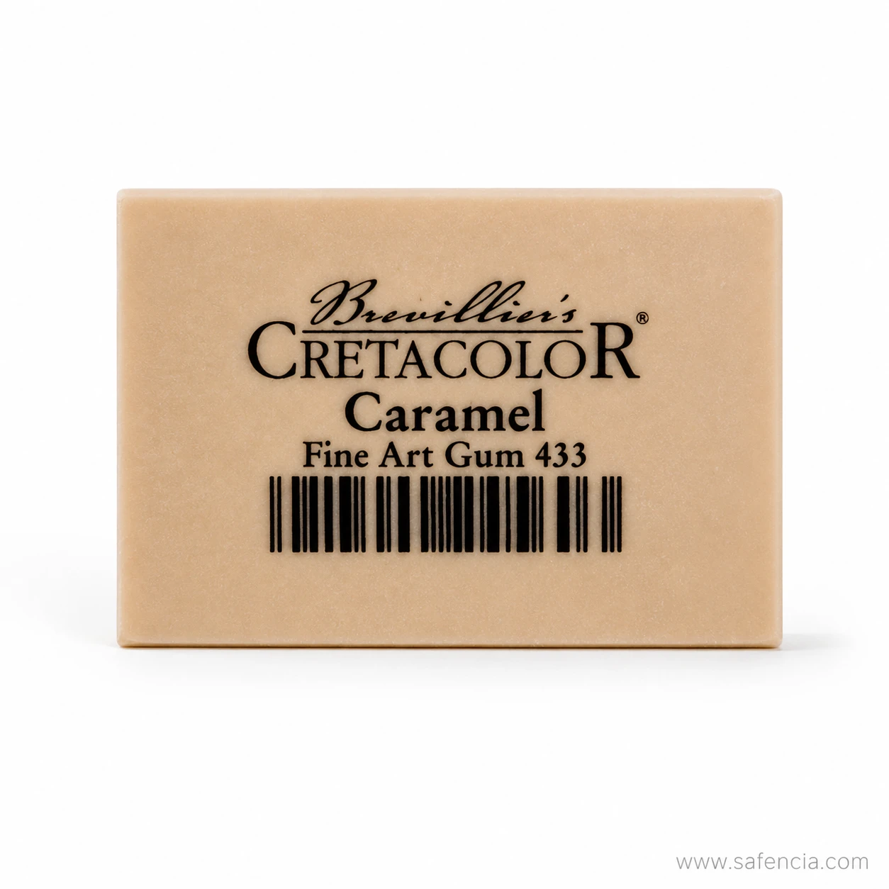 Cretacolor Caramel Fine Art Gum 433 eraser photographed straight on against white, showing the brand name, model number and barcode printed directly onto the caramel block