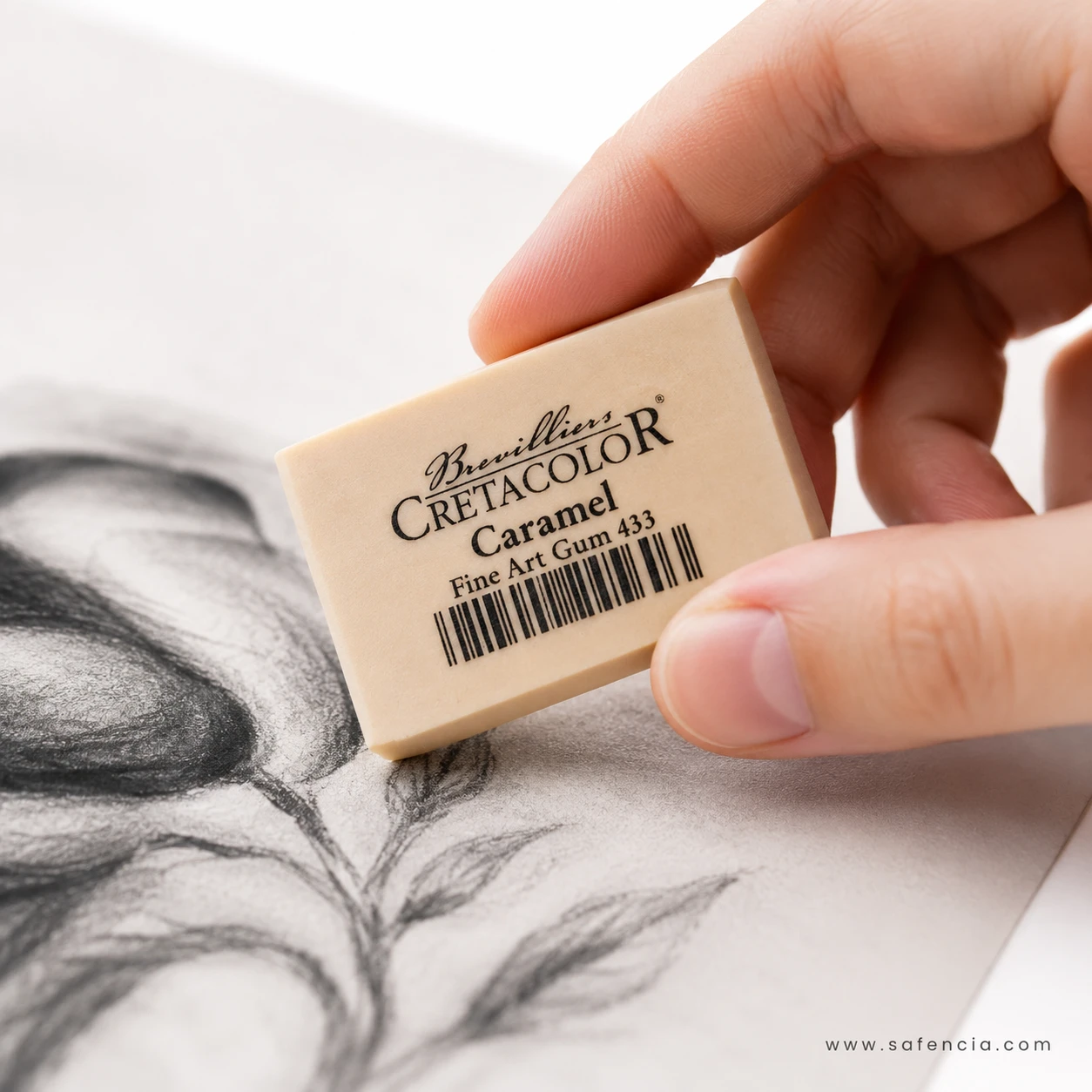 A hand holding the Cretacolor Caramel 433 gum eraser against a charcoal drawing of leaves, about to clean part of the shading