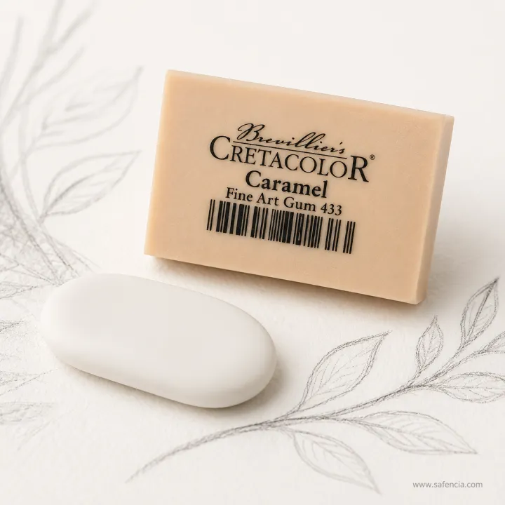 Cretacolor Caramel fine art gum eraser in its wrapper beside a pencil sketch