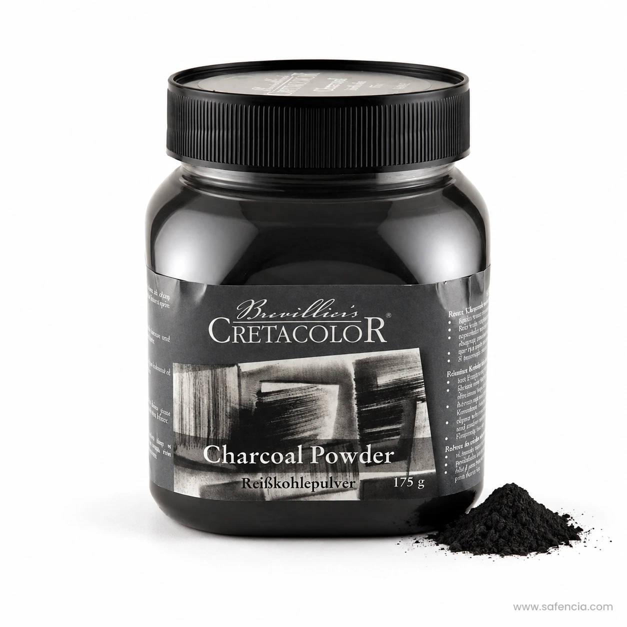 Cretacolor charcoal powder jar beside a small poured heap of the black powder