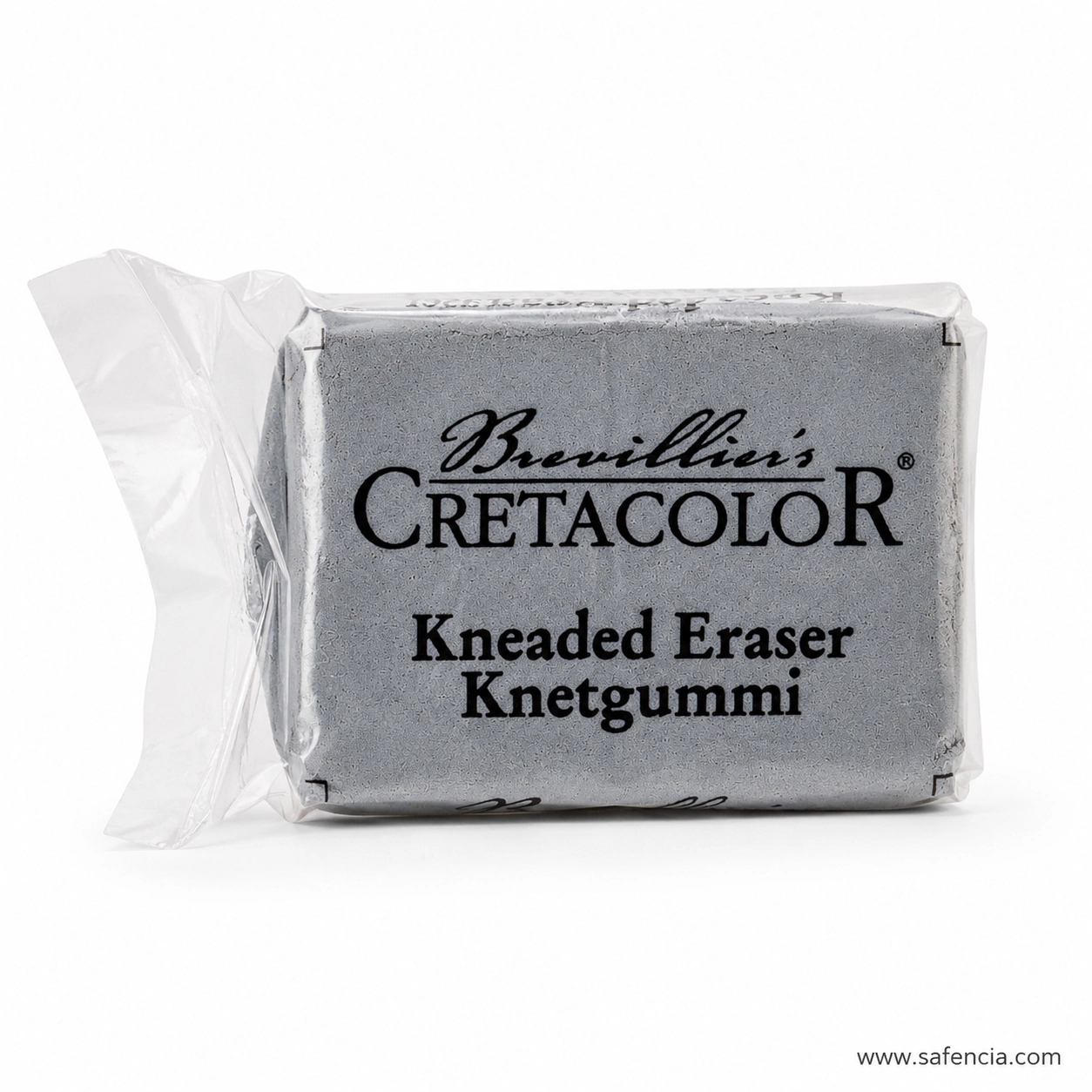 Close-up of the Cretacolor kneaded eraser showing the granular texture of the grey block and the folded end of the clear wrapper