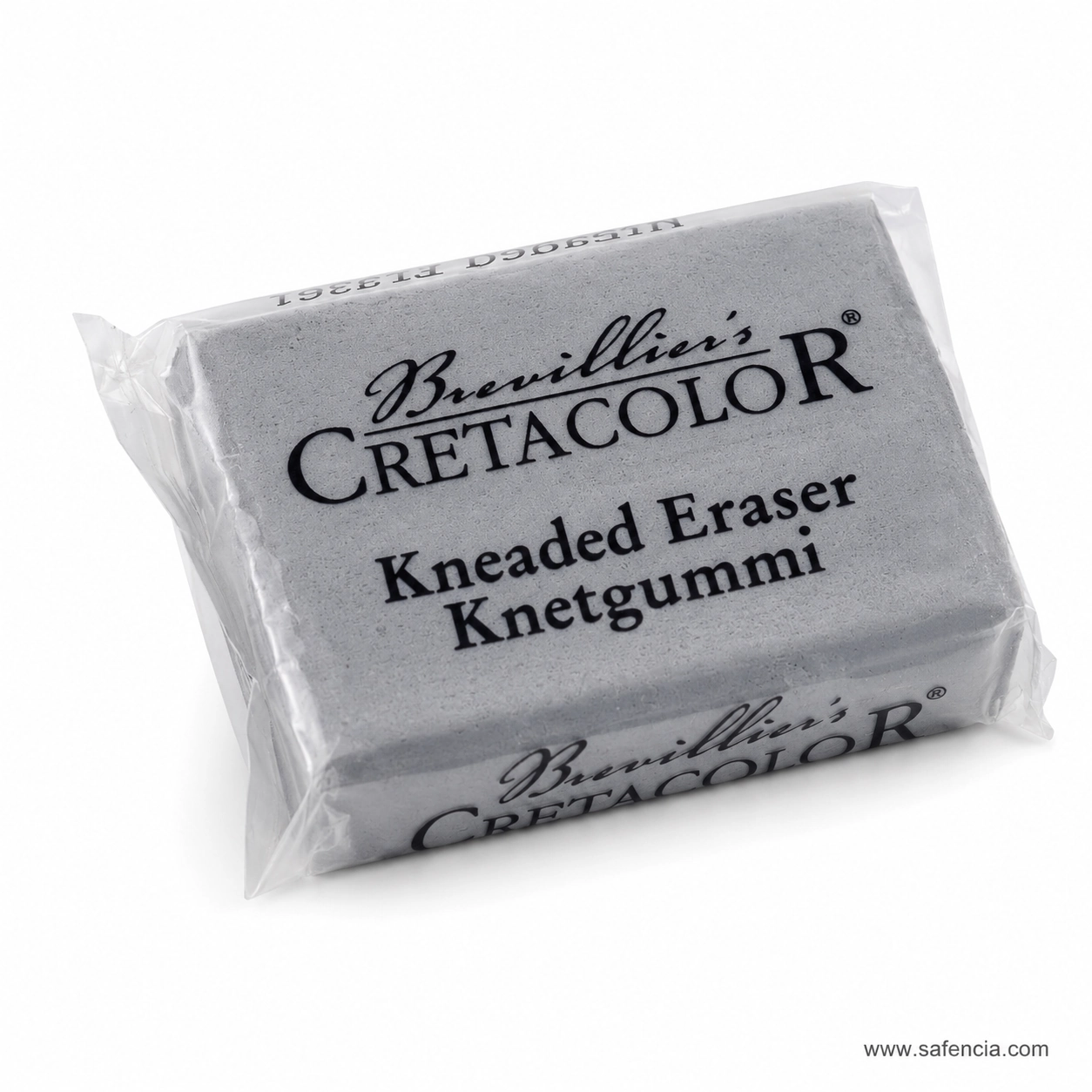 Cretacolor kneaded eraser at a three-quarter angle, showing the brand name printed on both the top and the front face of the sealed wrap