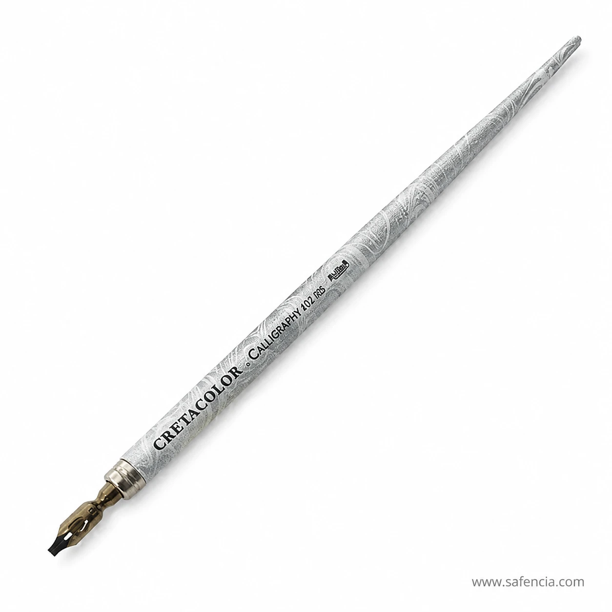 The white and grey marbled barrel of the Cretacolor calligraphy nib holder seen at an angle