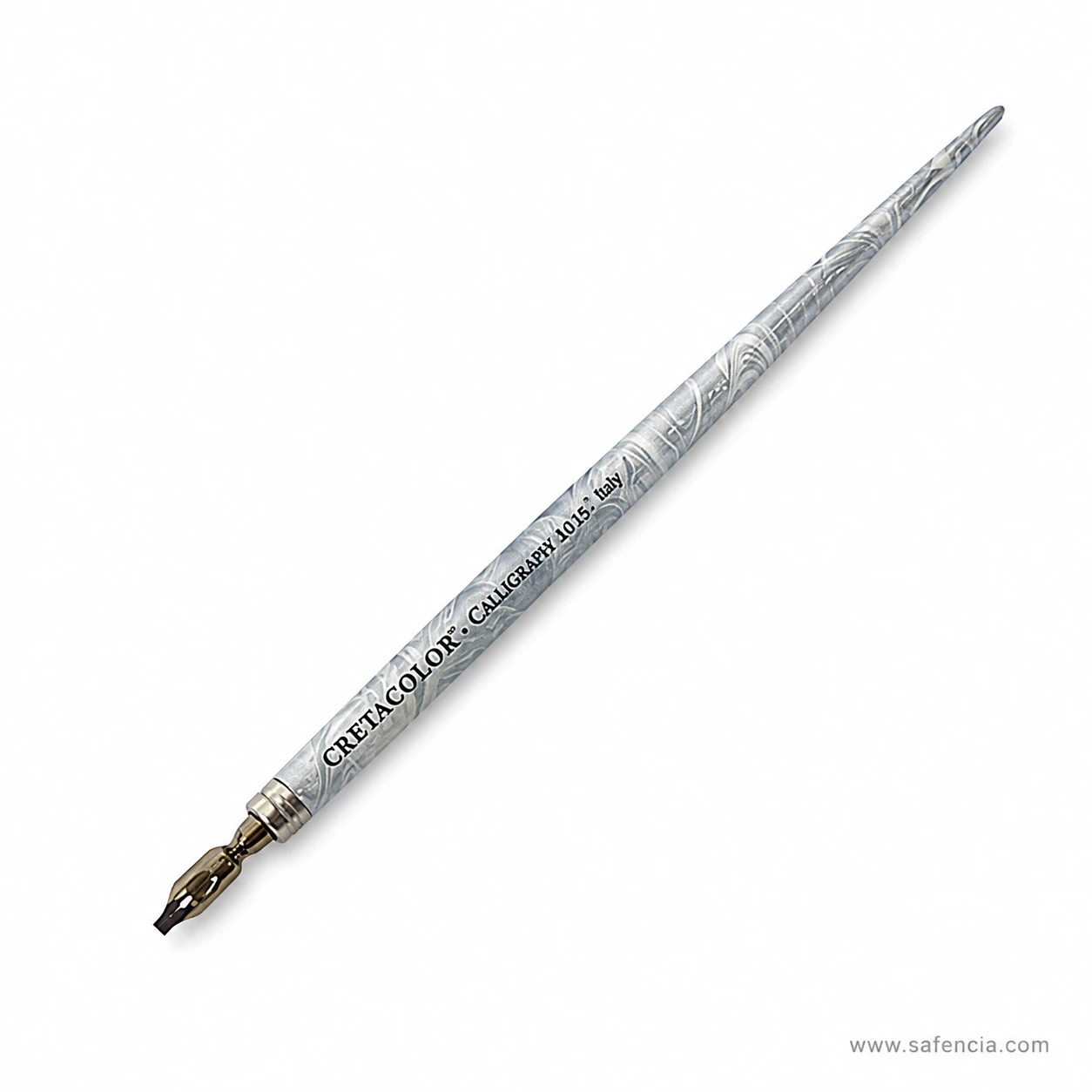 Close view of the chrome ferrule on the Cretacolor holder gripping a broad-edge nib with its brass reservoir