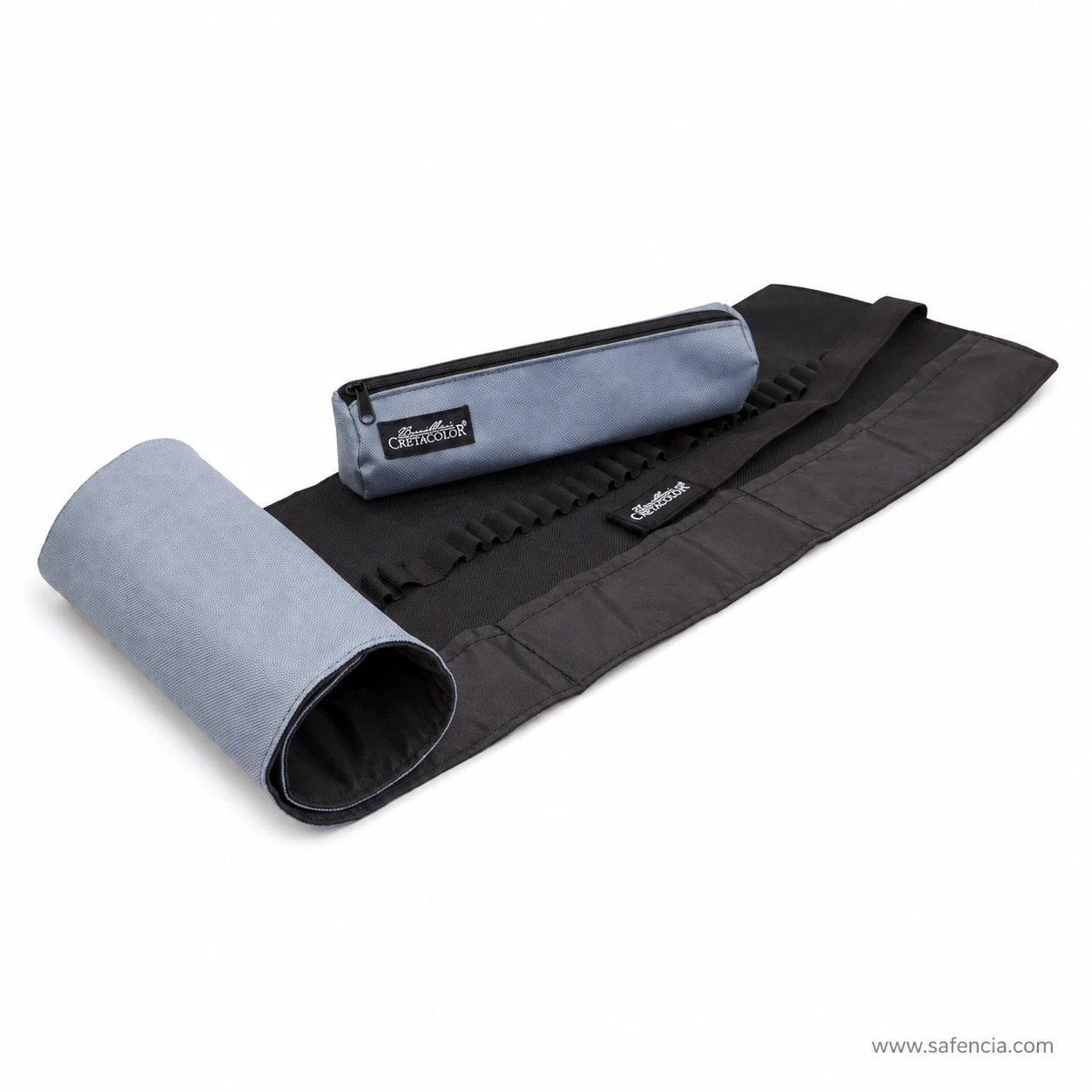 Roll-up case partly unrolled showing the elastic loop strip against the black lining
