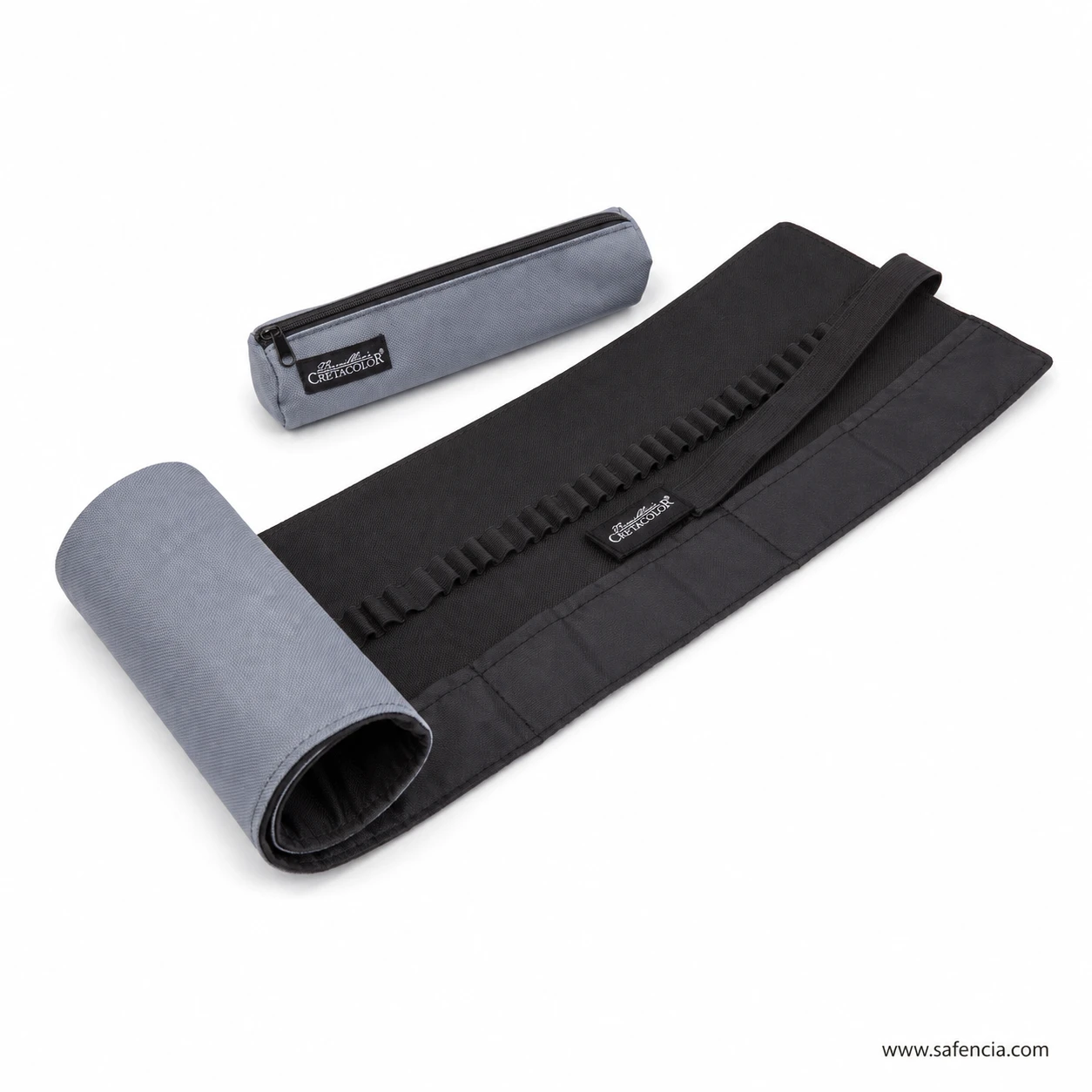 Roll-up case seen from the other side showing the flat pockets and the detachable pouch
