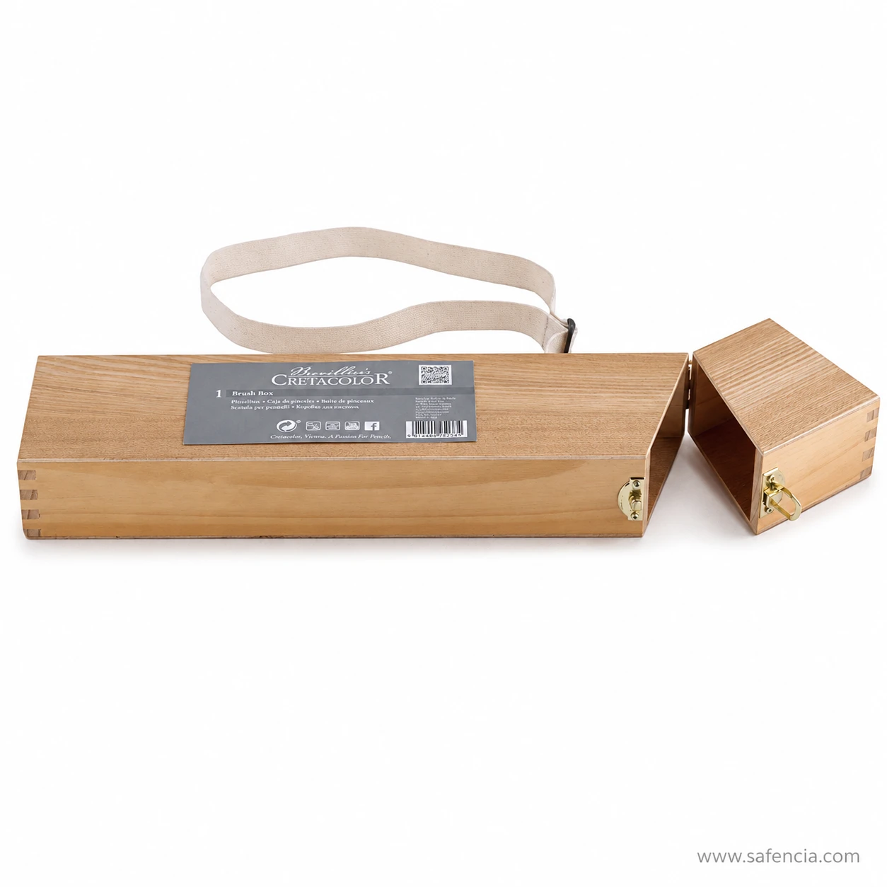 Cretacolor wooden brush box lying horizontal with the canvas carry strap visible