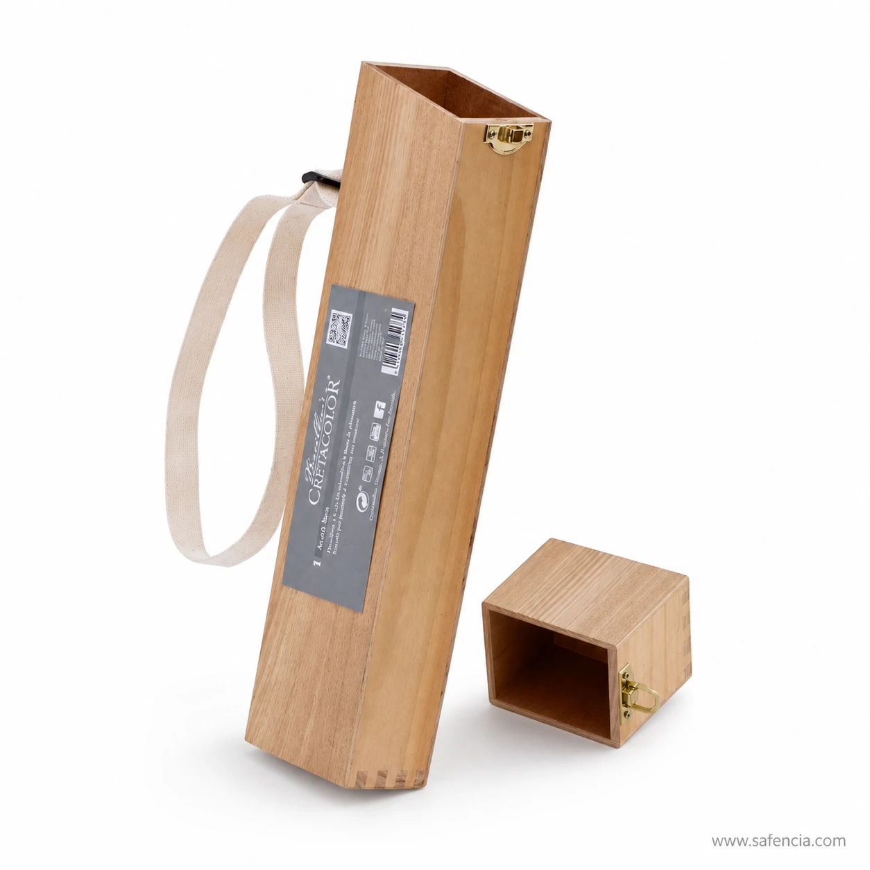 Cretacolor wooden brush box standing open showing the empty interior