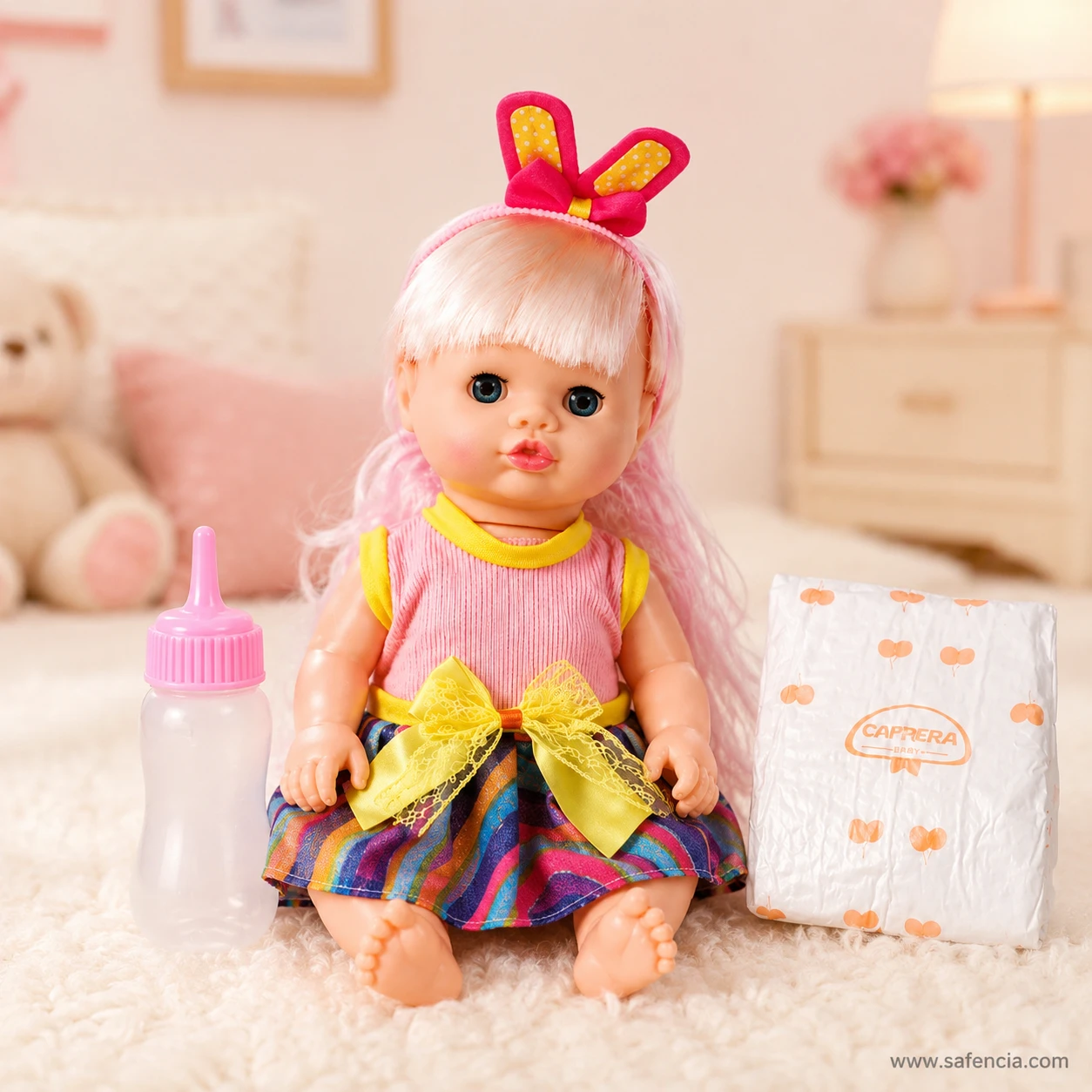 Baby doll care set arranged in a nursery scene with the bottle, nappy and a soft toy behind