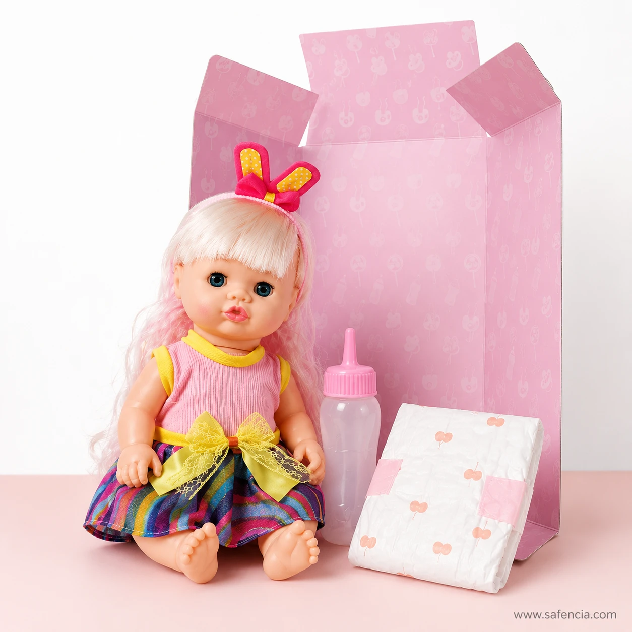 Pink-haired baby doll seated in front of her open pink gift carton with bottle and nappy