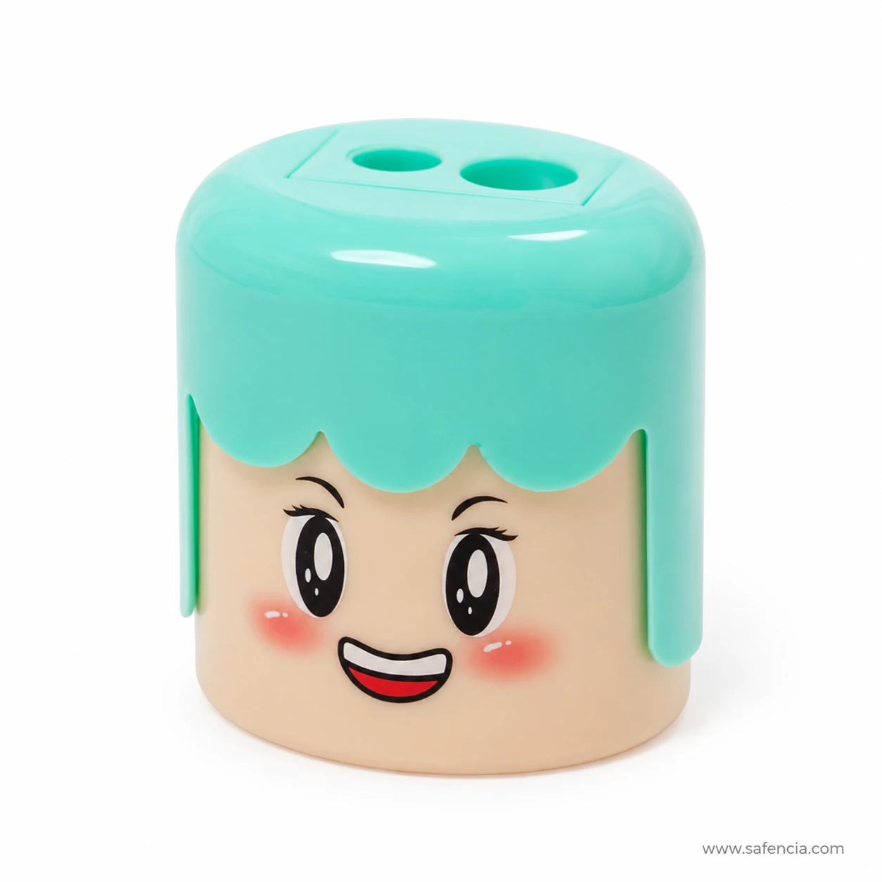Mint green cartoon smiling face double-hole pencil sharpener with rounded beige lower body