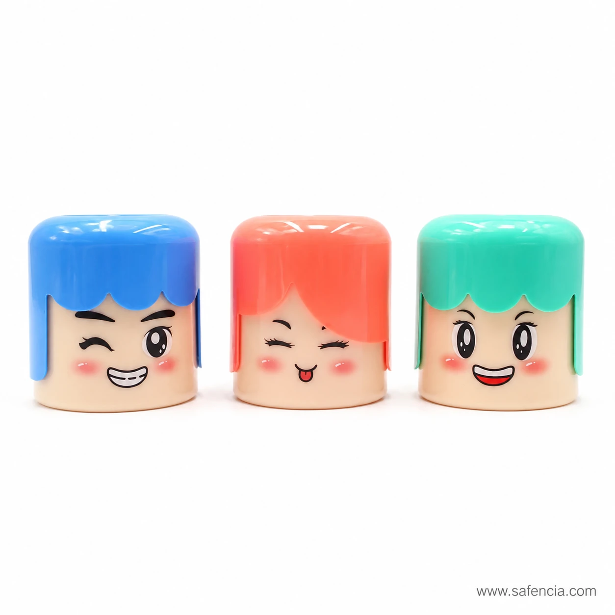 Blue coral and mint cute cartoon face pencil sharpeners with different playful expressions