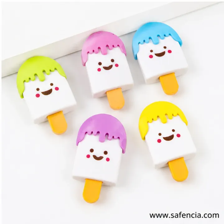Ice-lolly shaped erasers with smiling faces in pink, blue, green and yellow