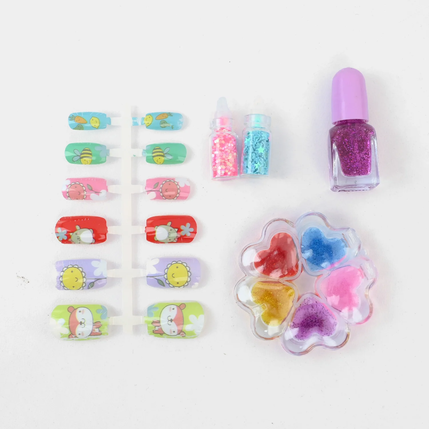 Cute Press-On Nail Art Set open view - press-on nails, glitter pots, flower palette and nail polish