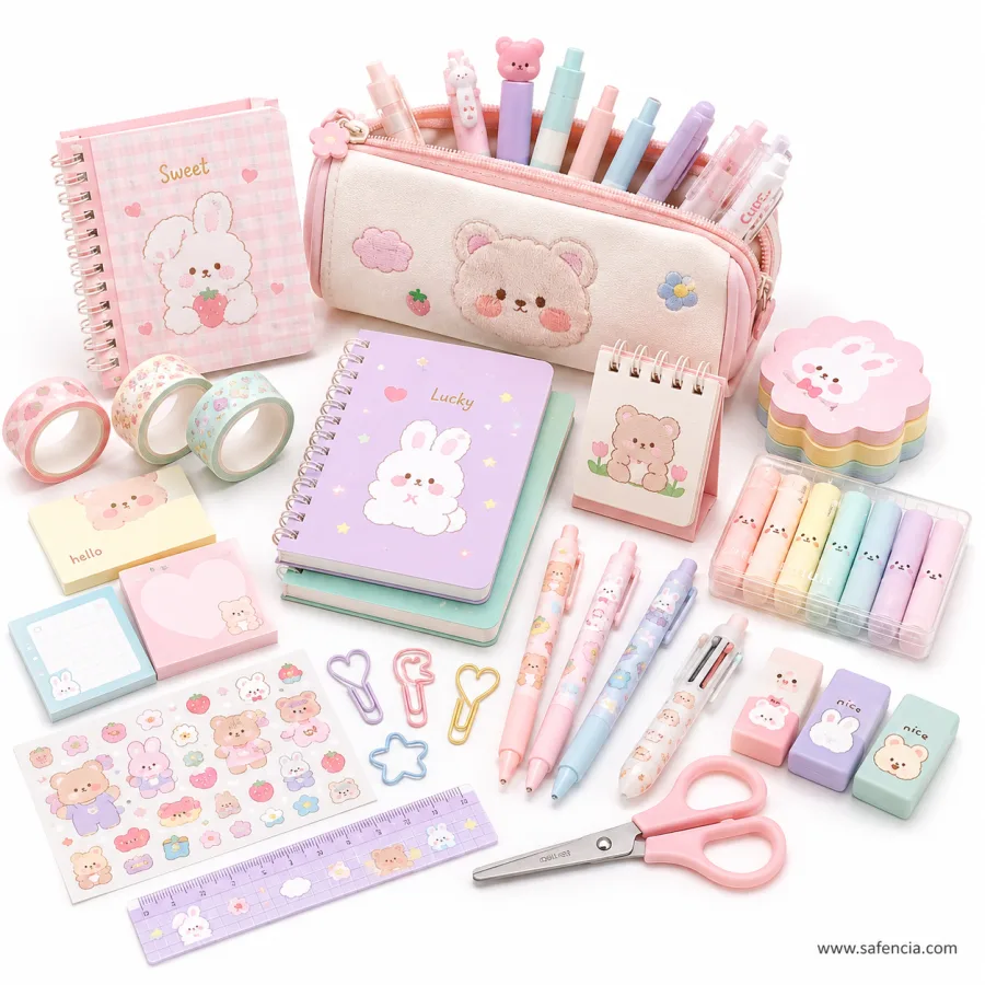 Cute stationery flat lay in pastel pink and lilac — a bunny notebook, a plush bear pencil pouch, washi tapes, sticky notes, character gel pens, pastel highlighters and bear stickers