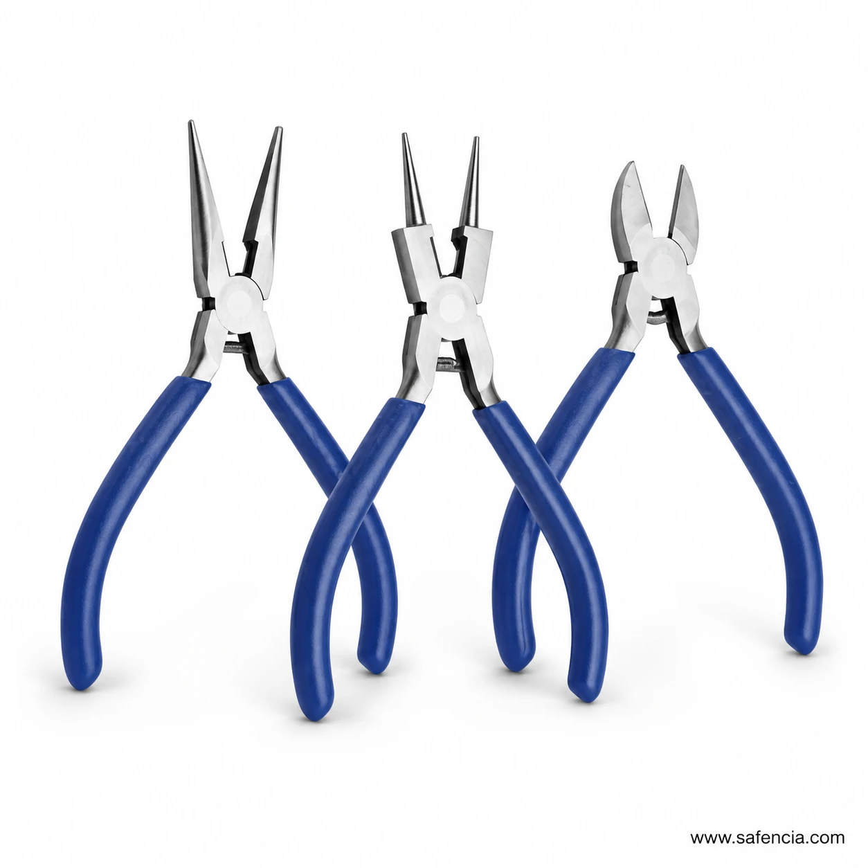 Jaw shapes and blue sleeved handles on jewellery craft pliers