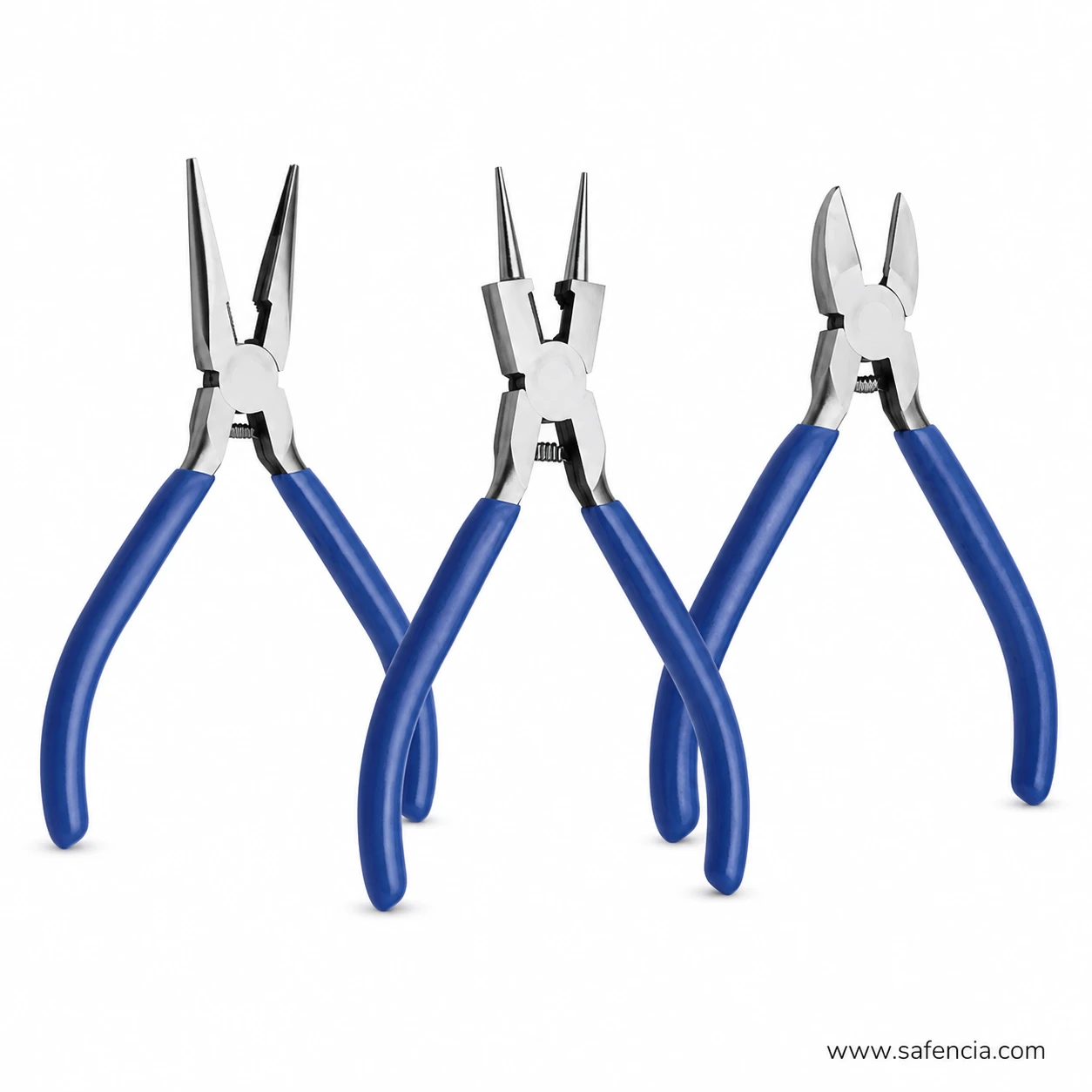 Sprung joint and steel heads on blue handled jewellery pliers
