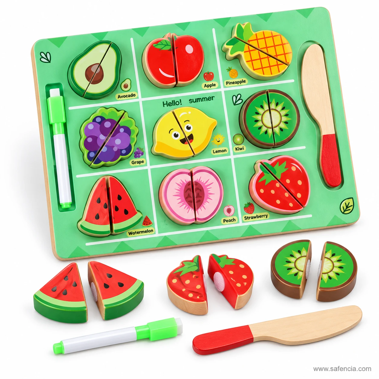 Sliced wooden watermelon, strawberry and kiwi halves in front of the nine fruit cutting board with knife