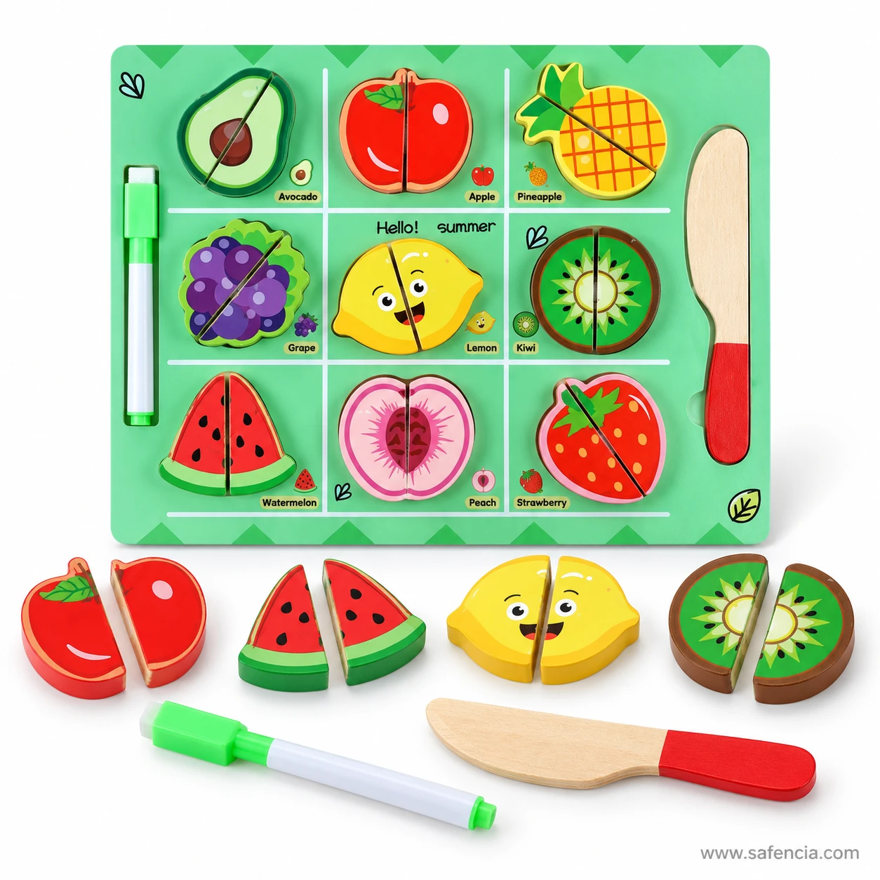 Nine fruit cutting board with apple, watermelon, lemon and kiwi halves laid out beside the knife and marker