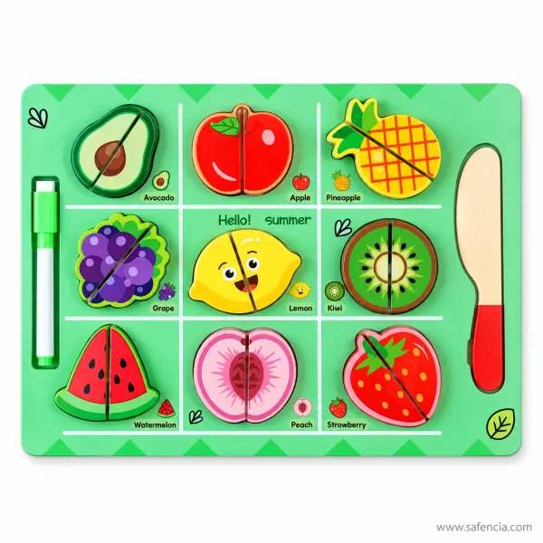 Cutting Fruits Wooden Board with Marker (9 Two-Piece Fruits and Wooden Knife)