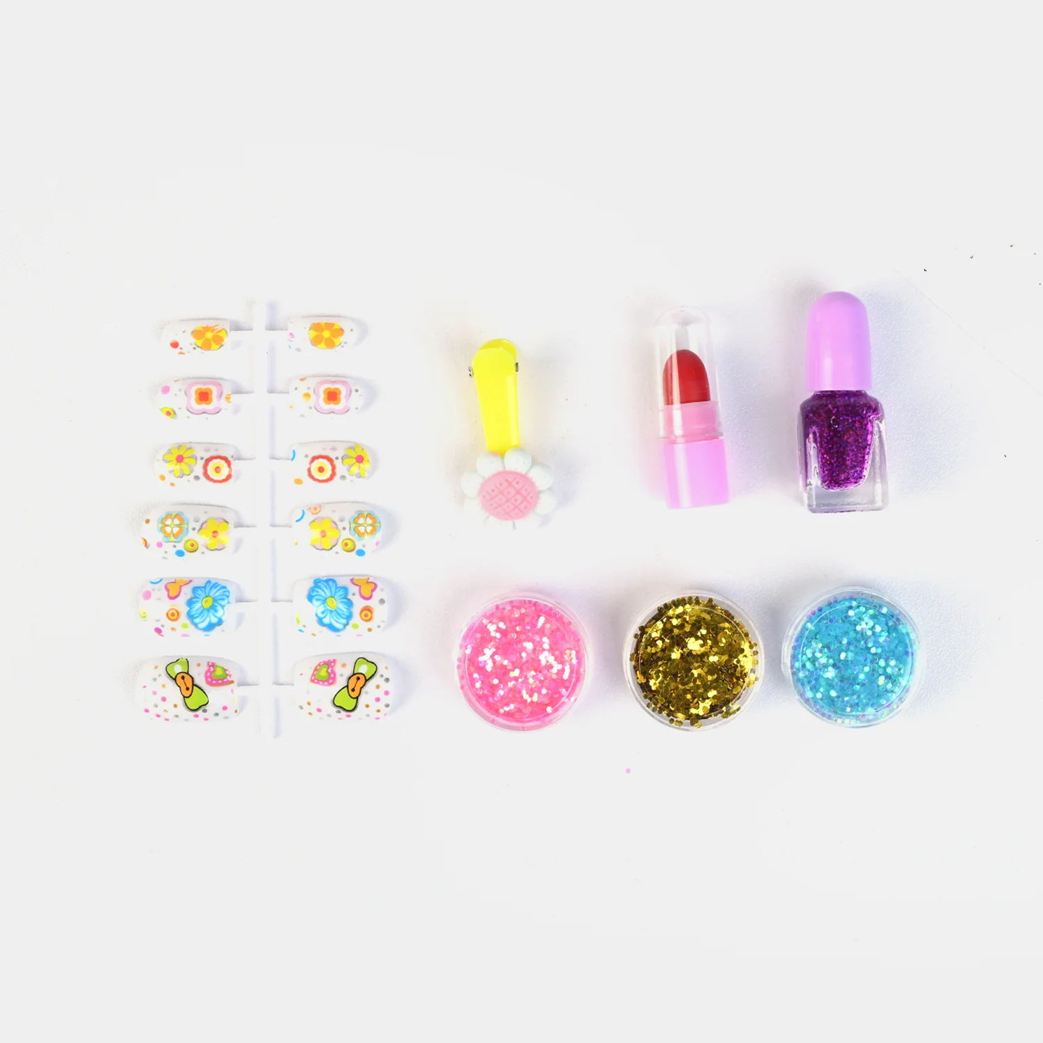 Daisy Nail & Lip Glitter Set open view - daisy press-on nails, lipstick, nail polish, glitter pots and flower clip