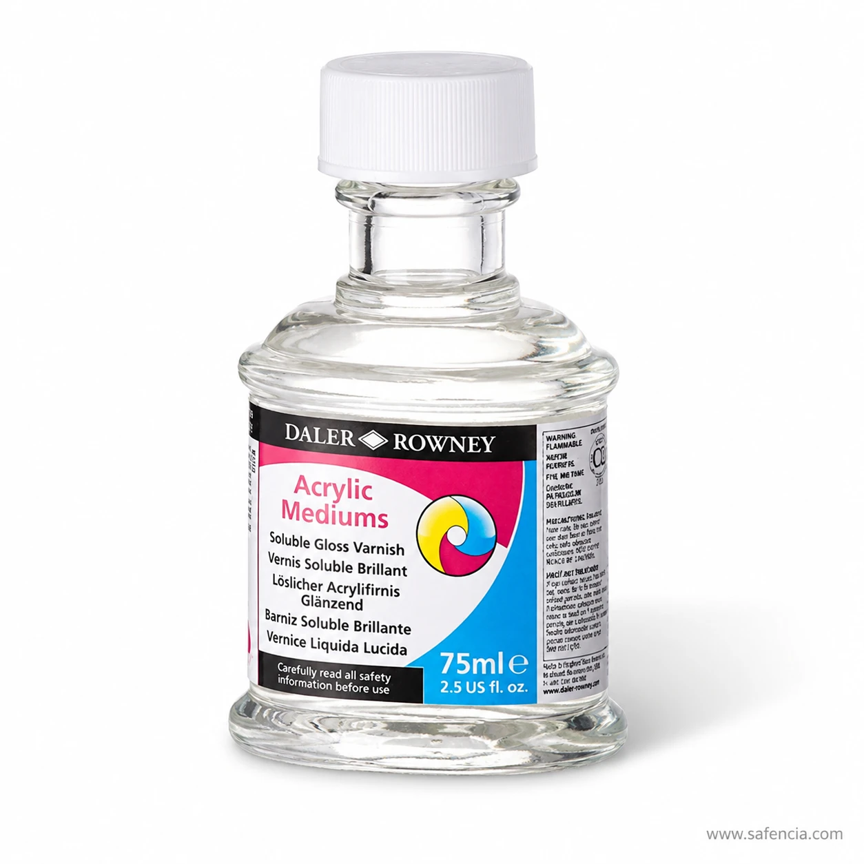 Soluble gloss varnish bottle showing the clear liquid through the glass