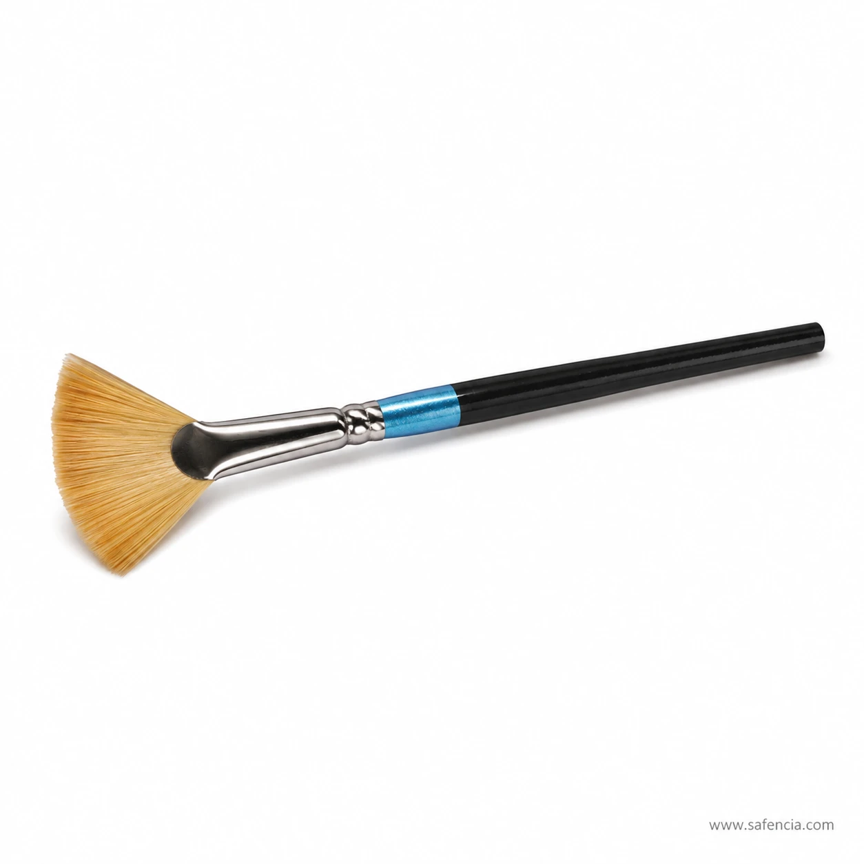 Fan blender brush at an angle showing black handle and blue band
