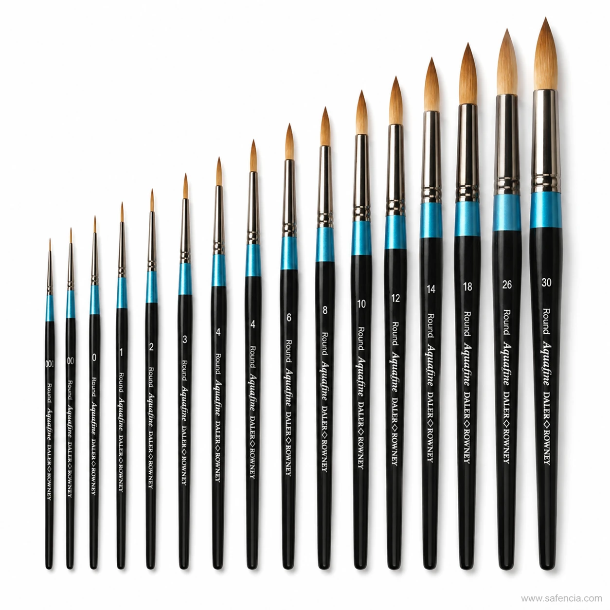 Aquafine round brushes standing upright in ascending size order