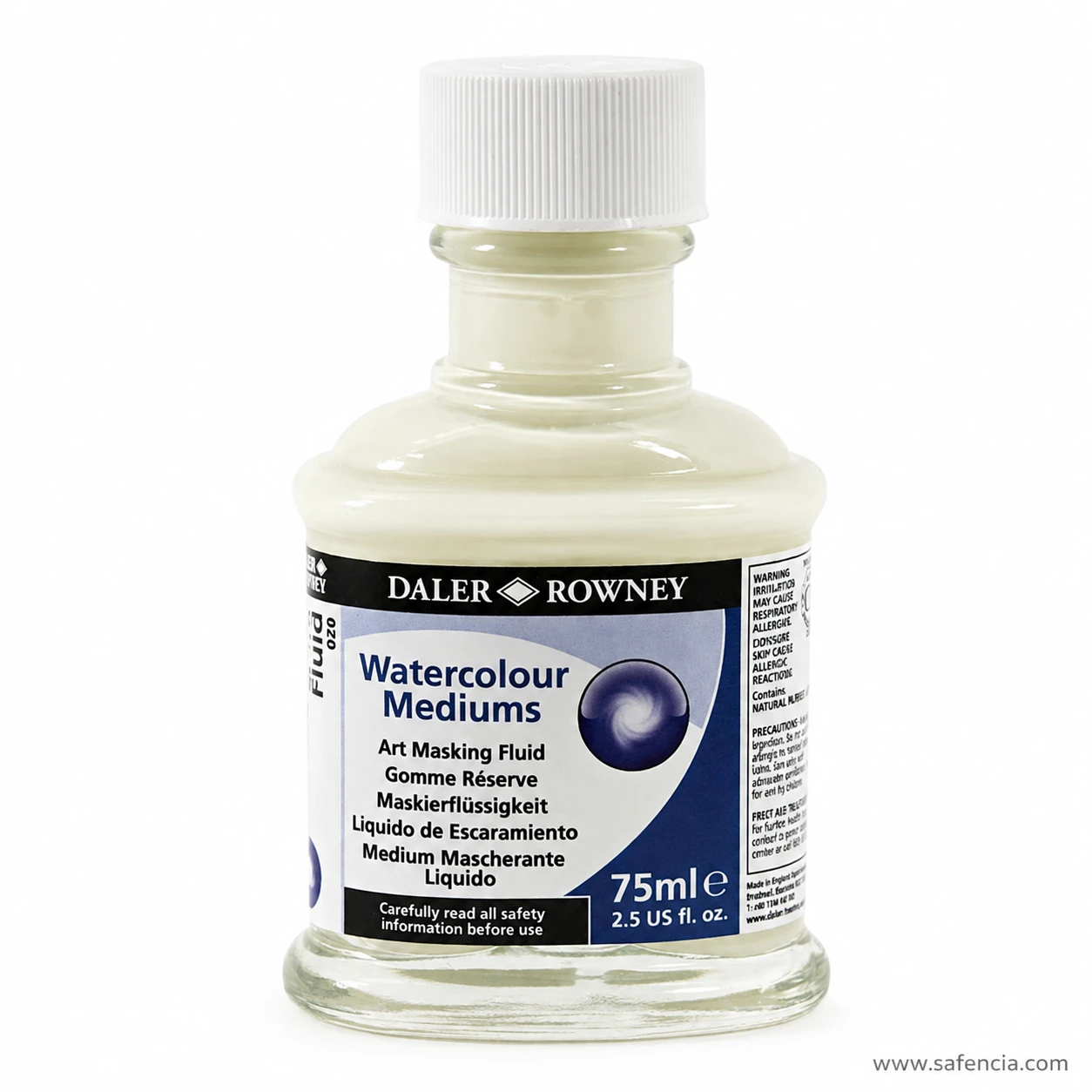 Angled view of the masking fluid bottle showing the printed warning panel