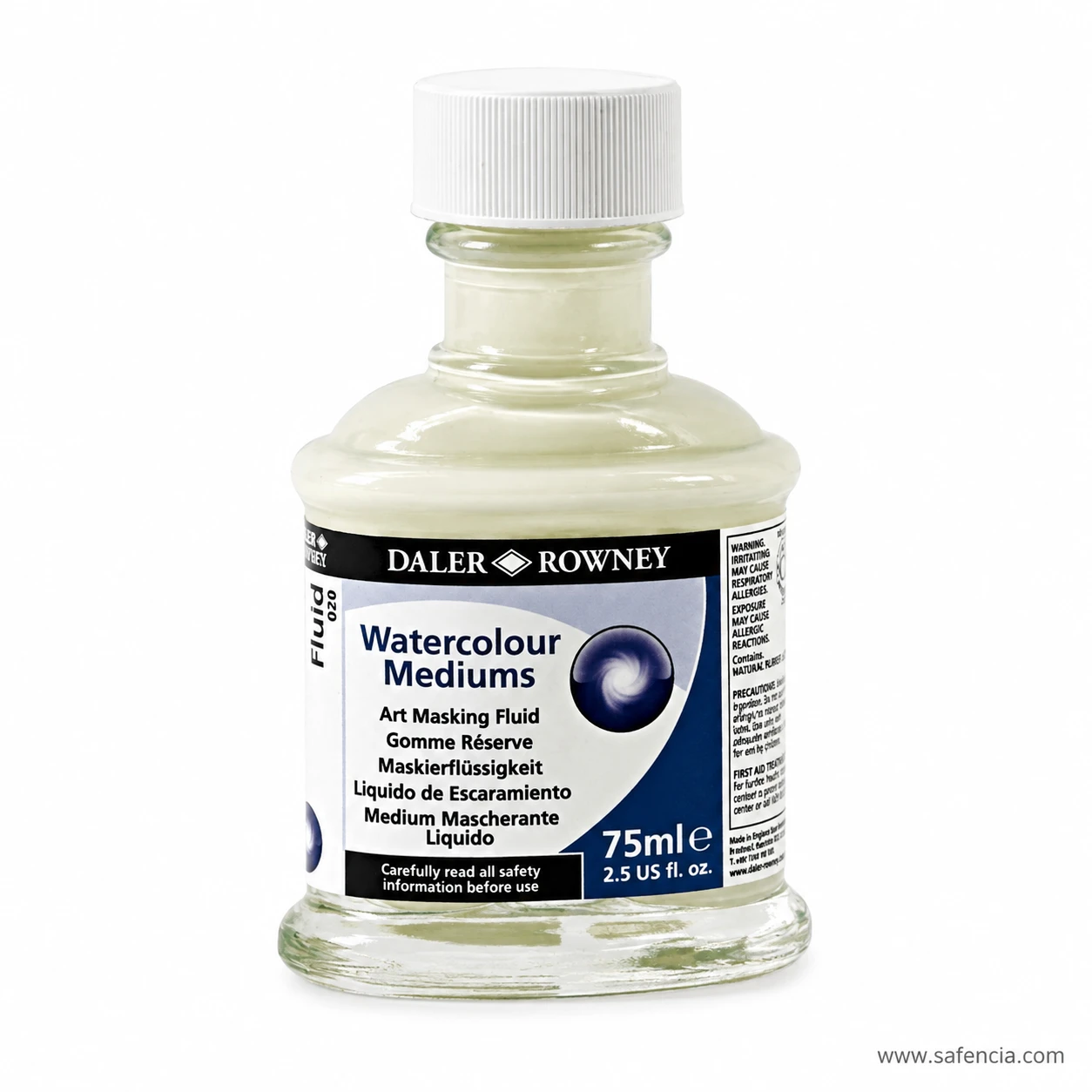 Art masking fluid bottle showing the pale cream liquid through the glass