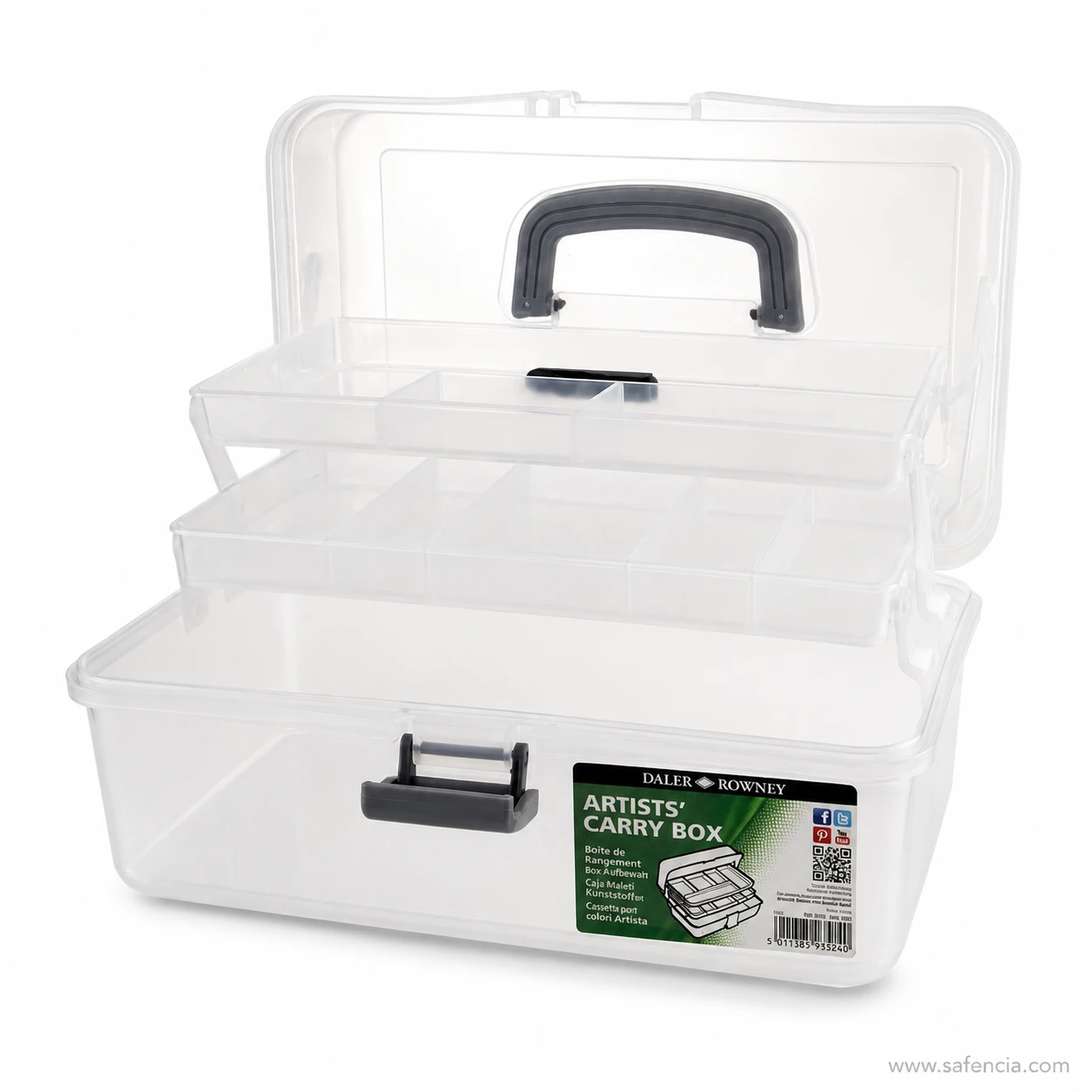 Artists' carry box open with both cantilever trays raised on their arms