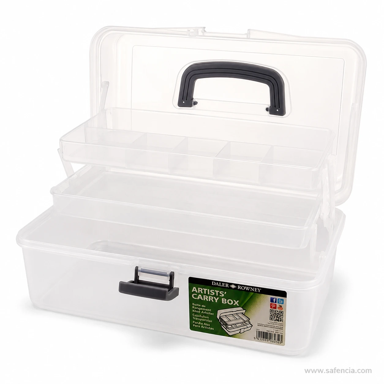 Artists' carry box seen from above showing the divided tray compartments