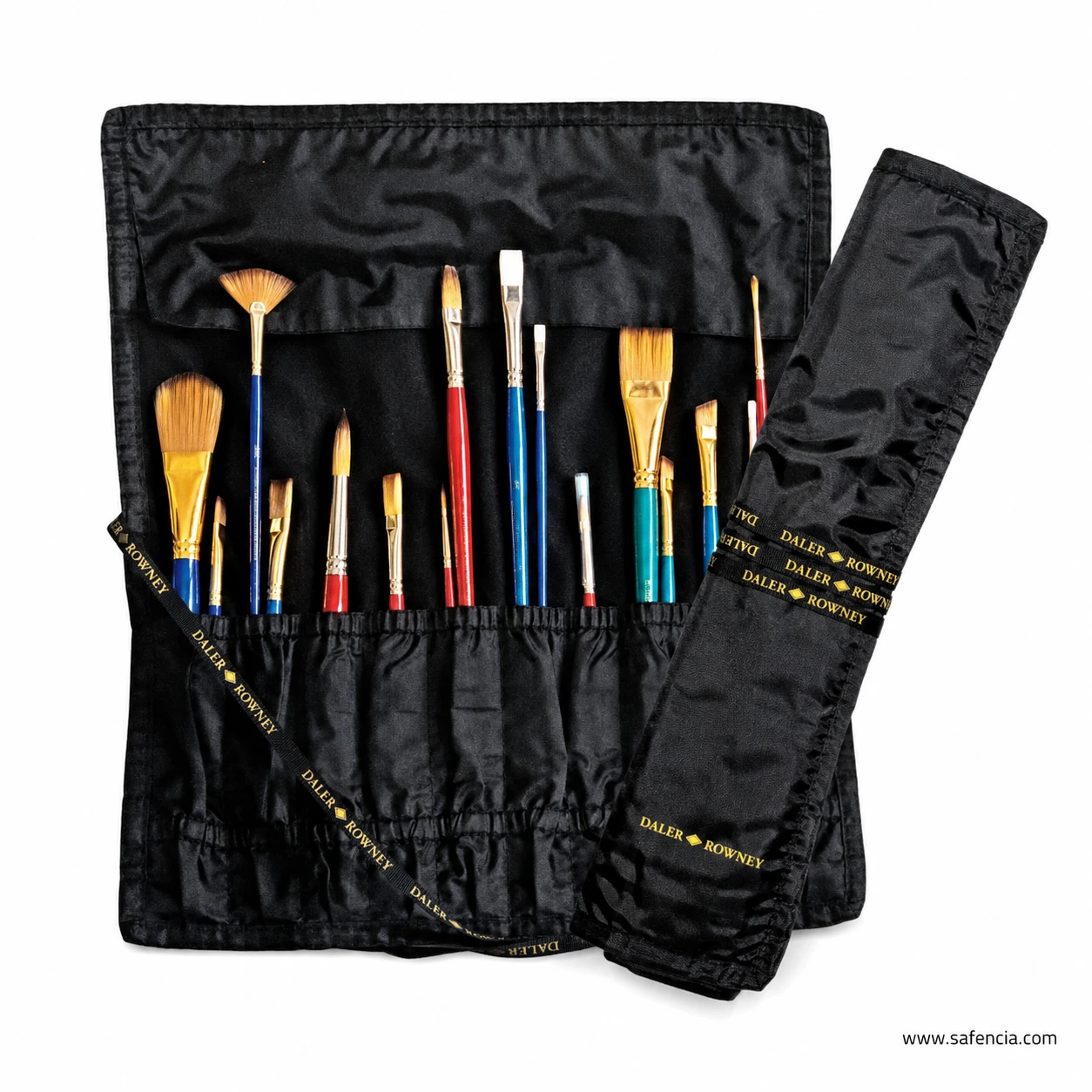 Daler-Rowney brush roll shown loaded with brushes beside a rolled case