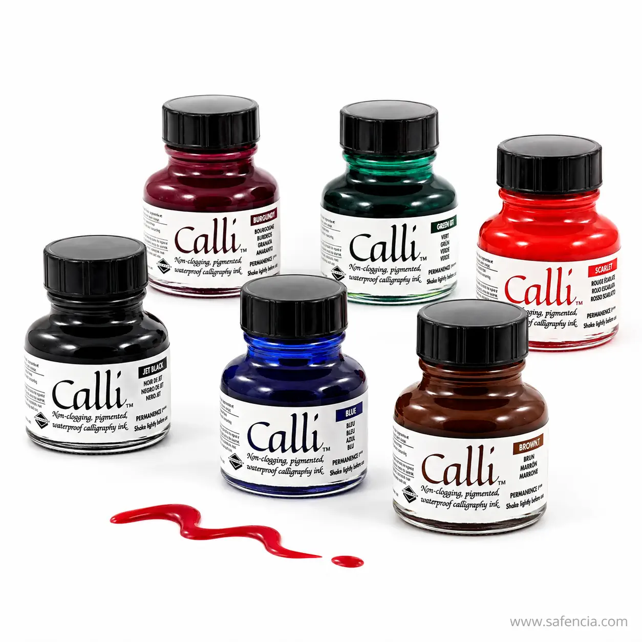 Cluster of Calli calligraphy ink bottles with their black screw caps and printed colour name panels