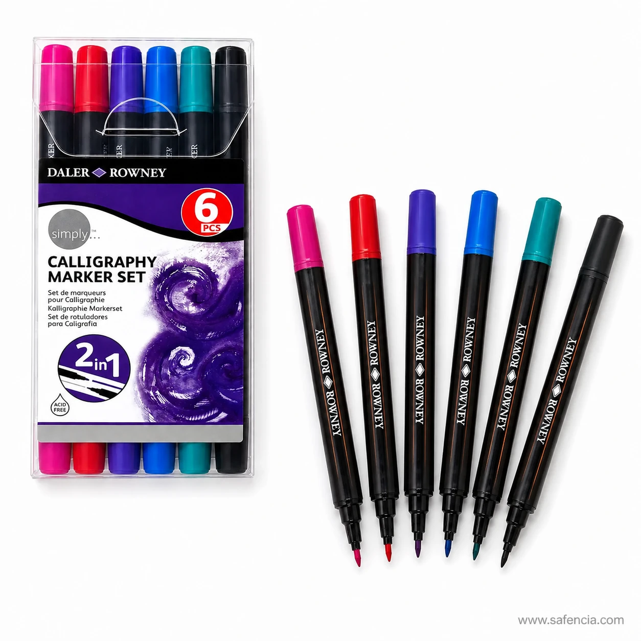Angled view of the calligraphy marker pack and the black printed barrels
