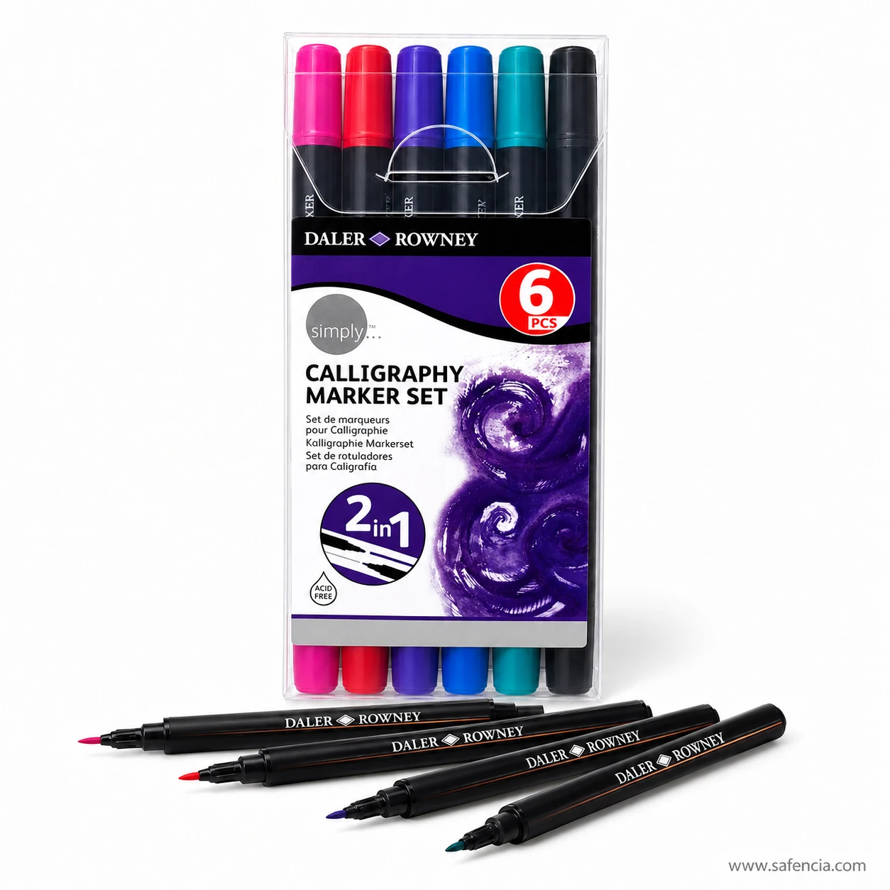 Close view of the calligraphy marker set showing the six cap colours