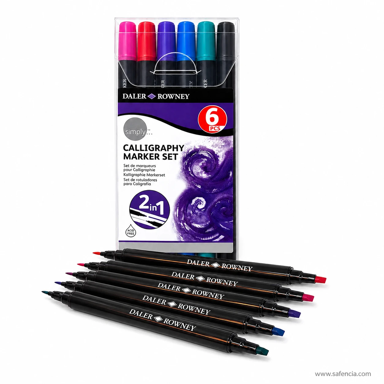 Calligraphy marker set box standing behind markers laid out in front