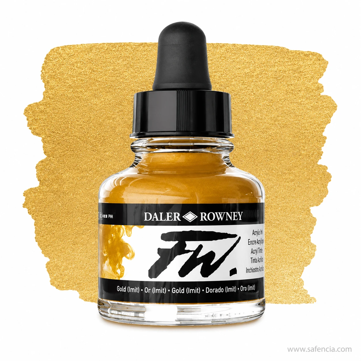 FW acrylic ink gold imitation bottle beside a gold painted swatch