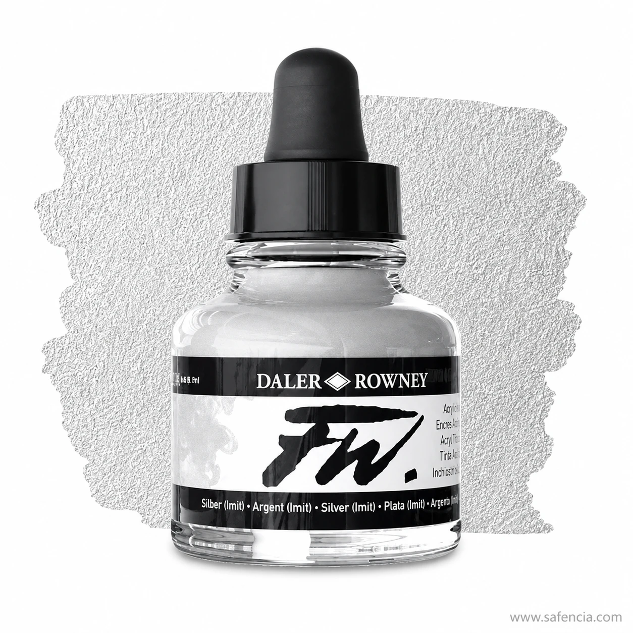 FW acrylic ink silver imitation bottle beside a silver painted swatch