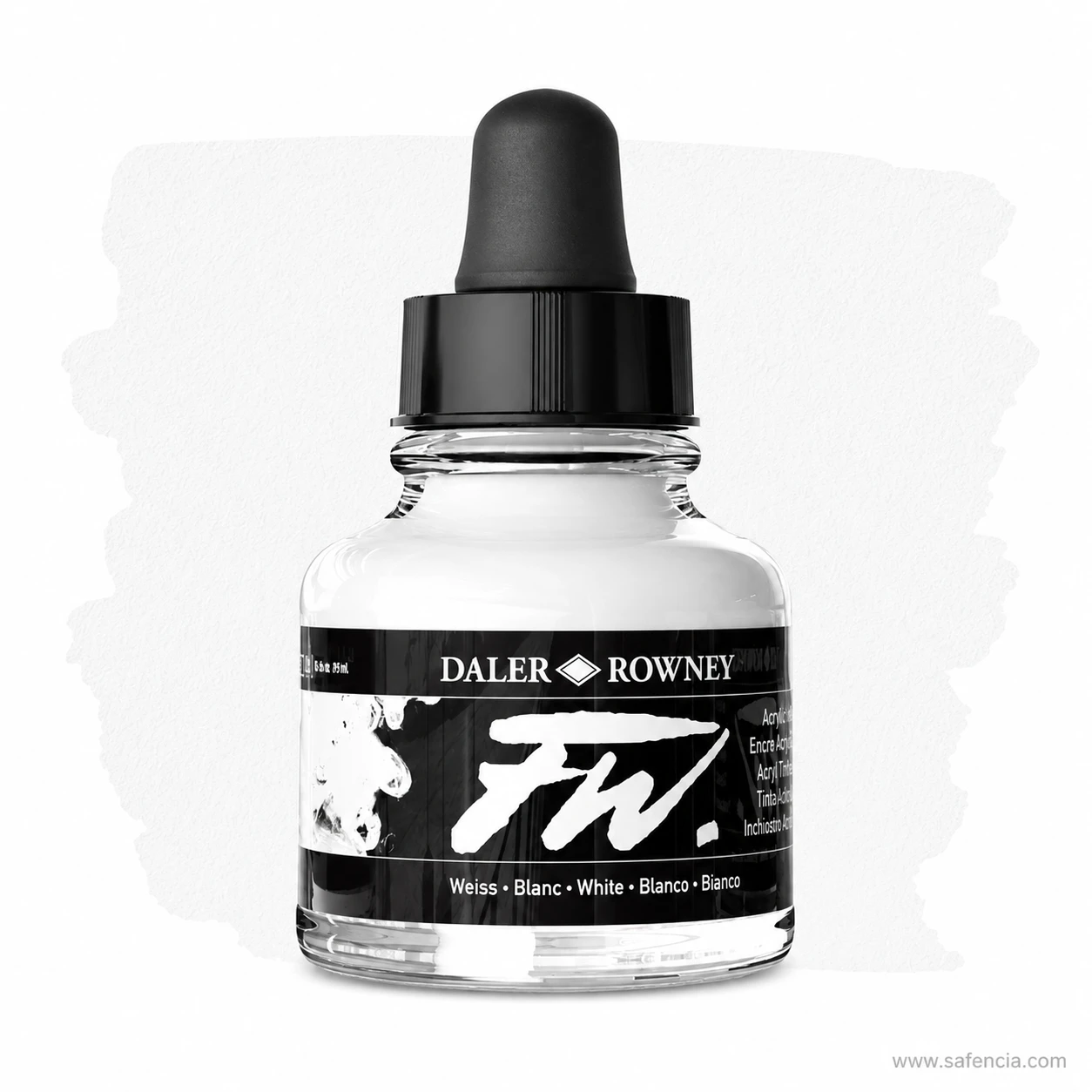 FW acrylic ink white bottle with a white painted swatch behind it