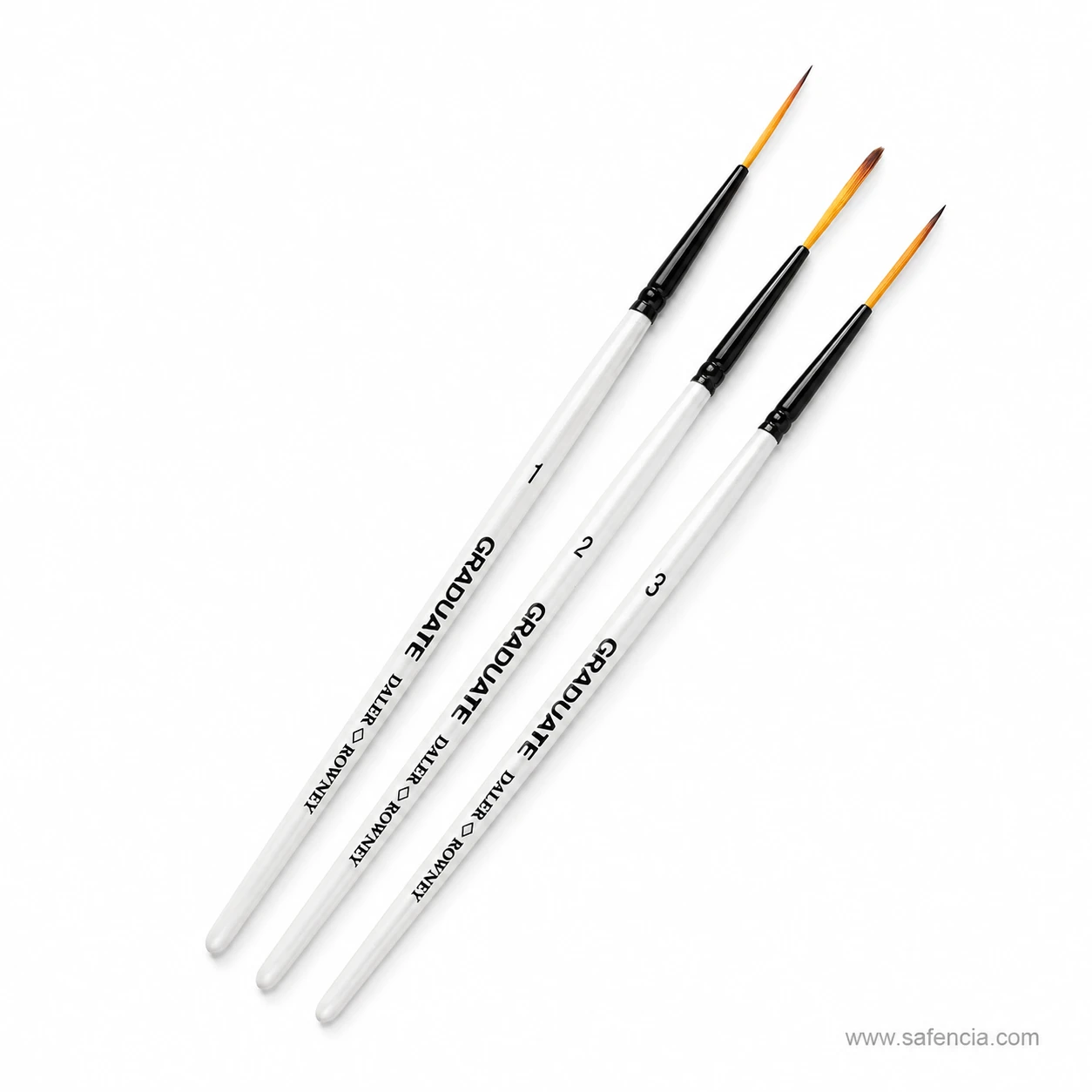 Daler-Rowney rigger brushes laid at an angle showing handle printing