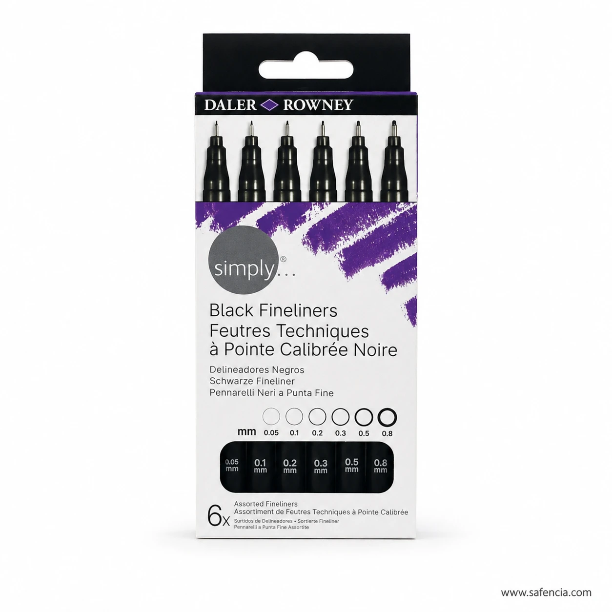 Front of the black fineliner box showing the six nib width circles